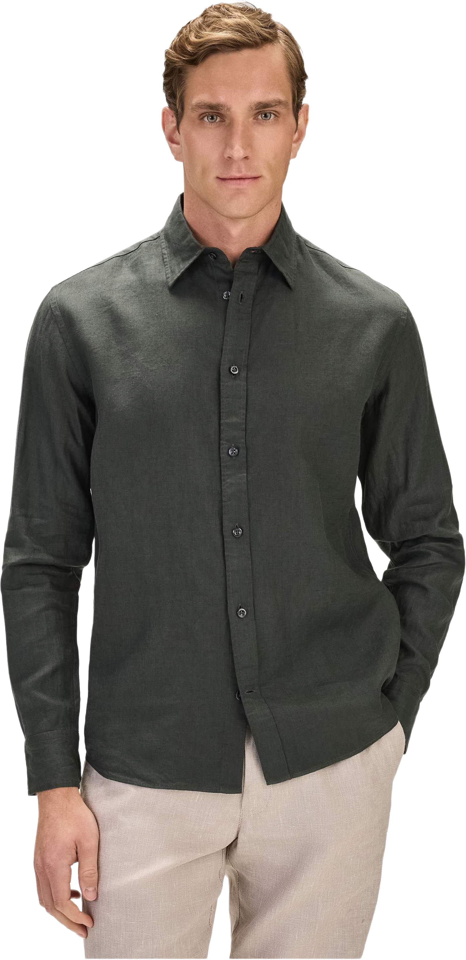 Casual Linen Shirt Solid Pointed Collar, från John Henric, i färgen dark green.