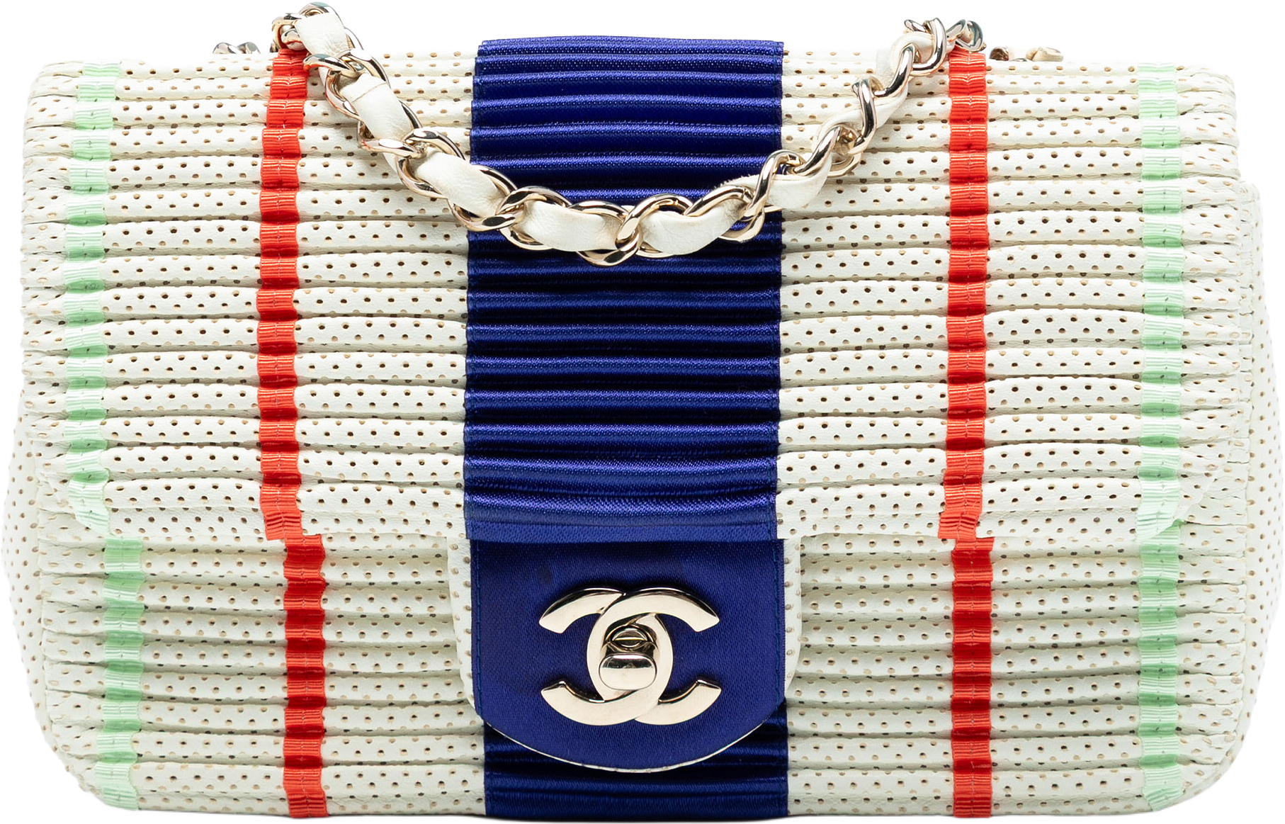 Chanel Mini Rectangular Classic Pleated Perforated Lambskin Single Flap, från Luxclusif, i färgen white.