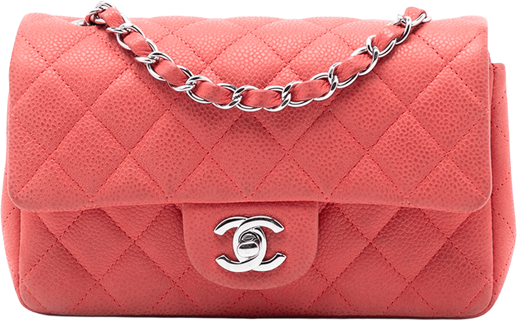 Chanel Mini Rectangular Classic Caviar Single Flap, från Luxclusif, i färgen peach.