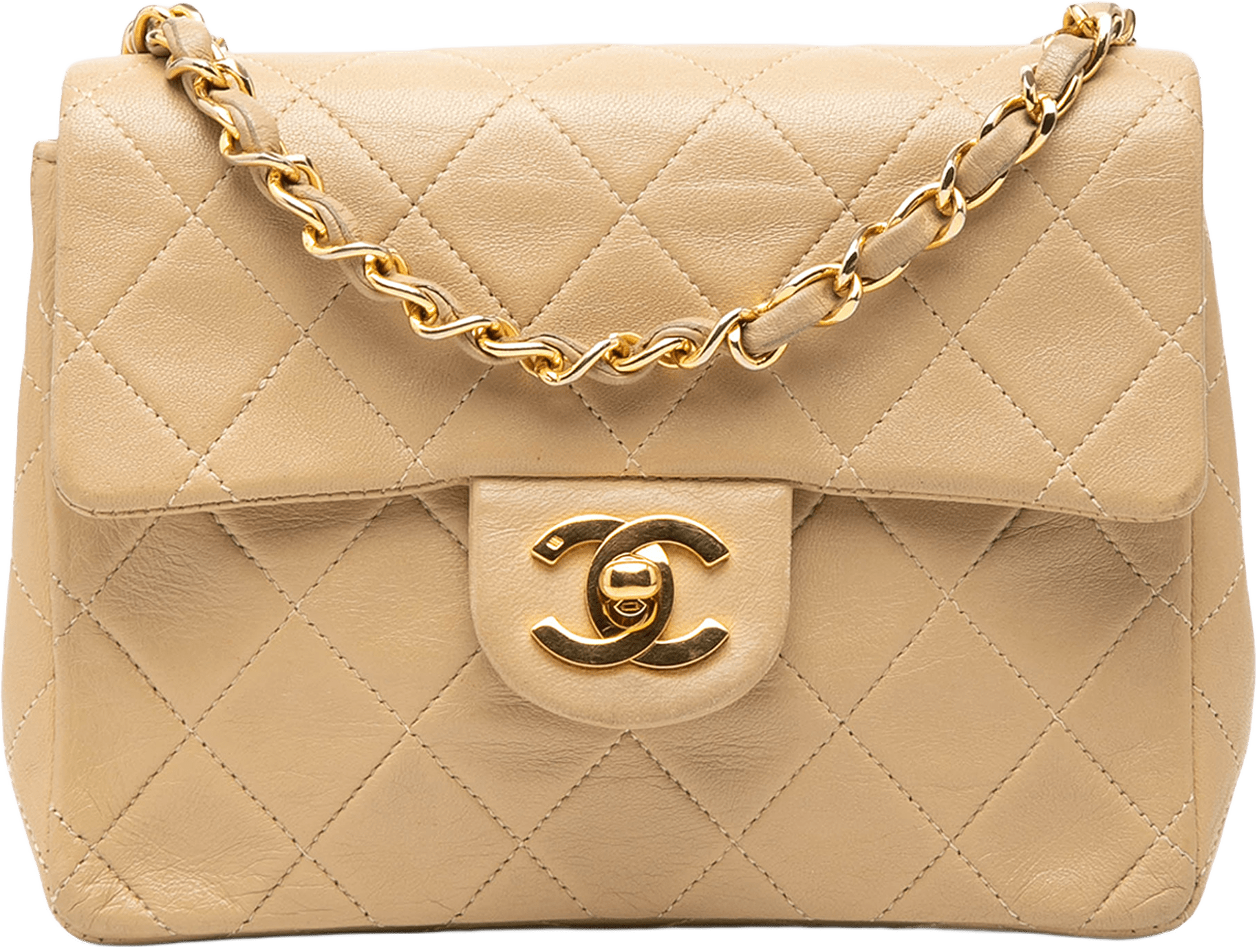 Chanel Mini Square Classic Lambskin Single Flap, från Luxclusif, i färgen beige.