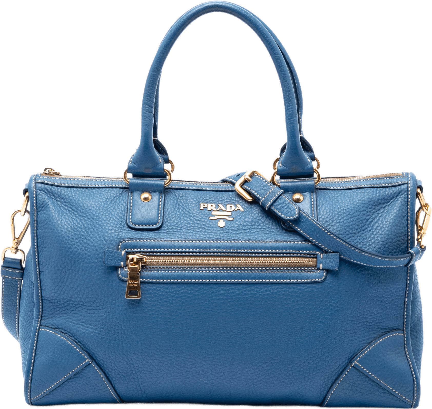 Prada Vitello Daino Zip Top Satchel, från Luxclusif, i färgen blue.