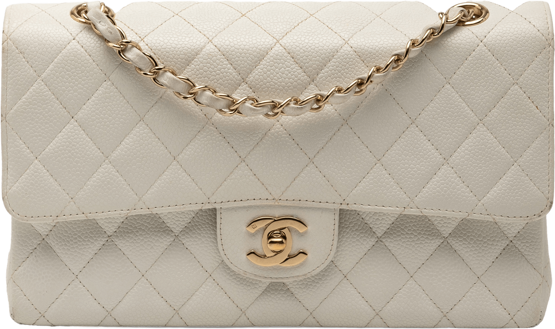 Chanel Medium Classic Caviar Double Flap, från Luxclusif, i färgen ivory.