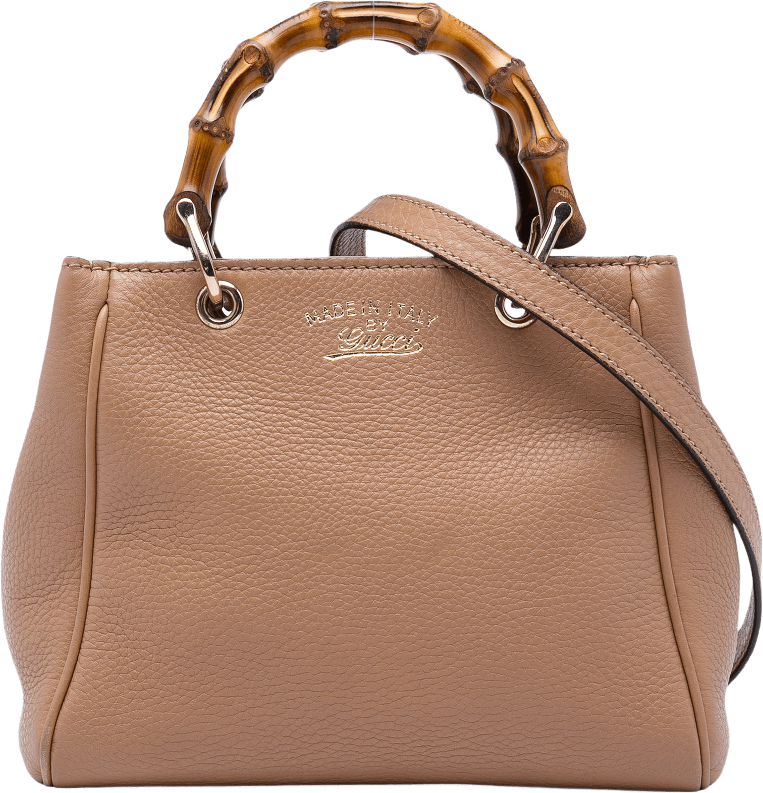 Gucci Mini Calfskin Bamboo Shopper Satchel, från Luxclusif, i färgen brun.