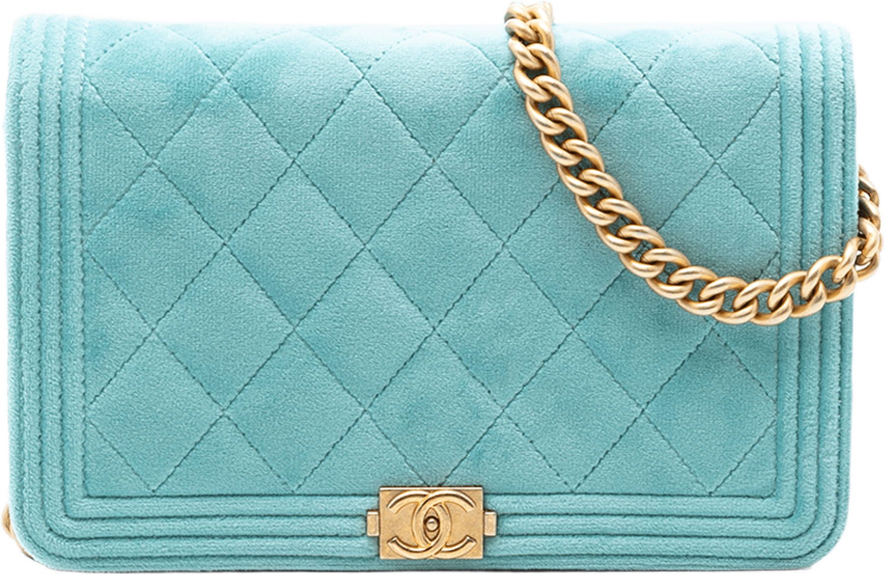 Chanel Quilted Velvet Boy Wallet On Chain, från Luxclusif, i färgen turquoise.