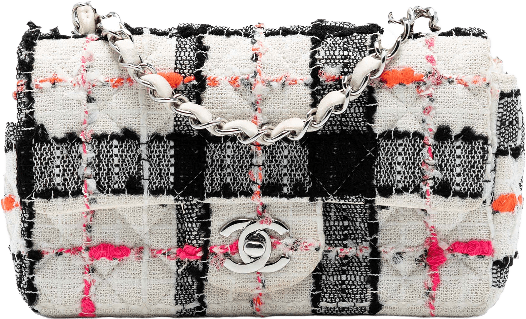 Chanel Mini Rectangular Classic Tweed Check Single Flap, från Luxclusif, i färgen white.