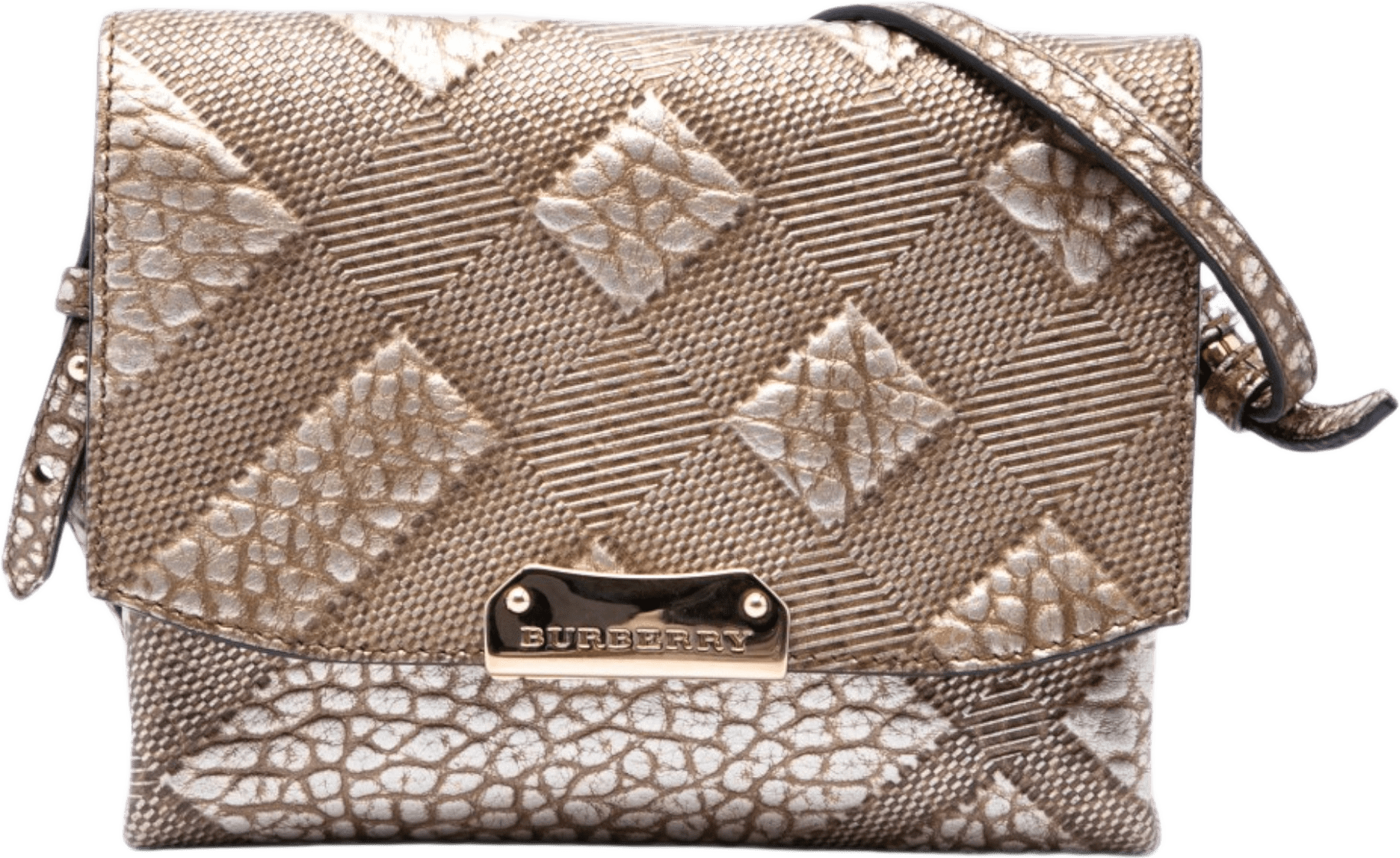 Burberry Embossed Grain Check Leather Langley Crossbody, från Luxclusif, i färgen guld.