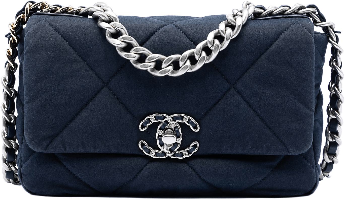 Chanel Medium Quilted Jersey 19 Flap, från Luxclusif, i färgen navy.