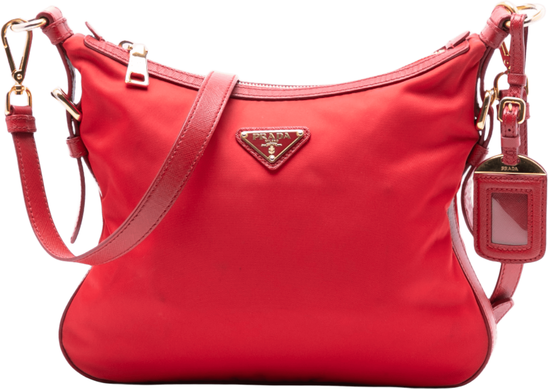 Prada Saffiano Trimmed Tessuto Zip Top Crossbody, från Luxclusif, i färgen red.