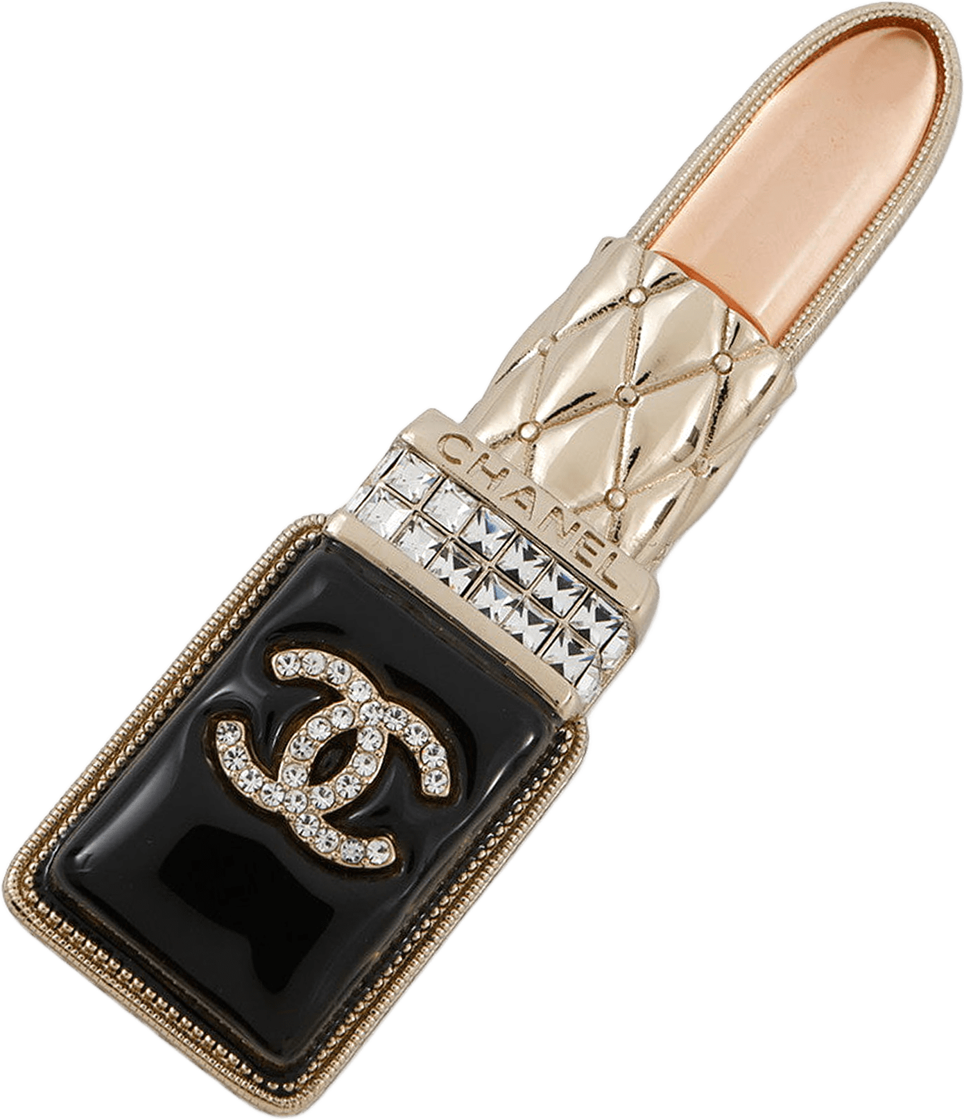 Chanel Gold Plated Resin Crystal Lipstick Brooch, från Luxclusif, i färgen gold.