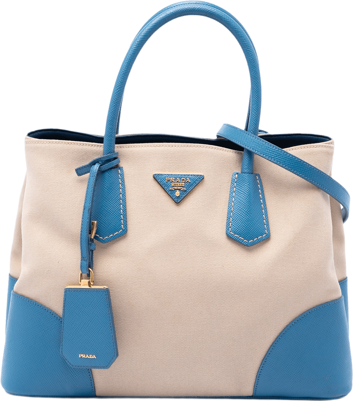 Prada Medium Saffiano Cuir Trimmed Canvas Double Satchel, från Luxclusif, i färgen beige.