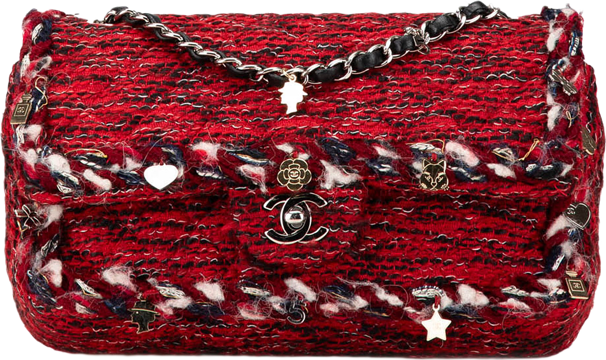 Chanel Medium Tweed Braided Charms Double Flap, från Luxclusif, i färgen red.
