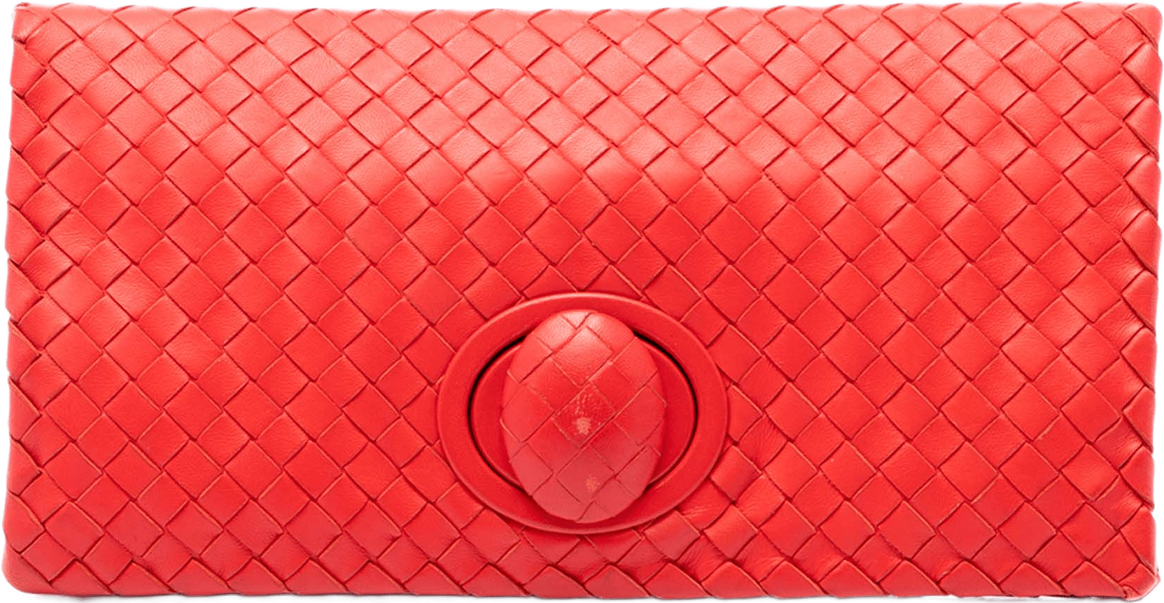 Bottega Veneta Nappa Intrecciato Turn Lock Clutch, från Luxclusif, i färgen röd.