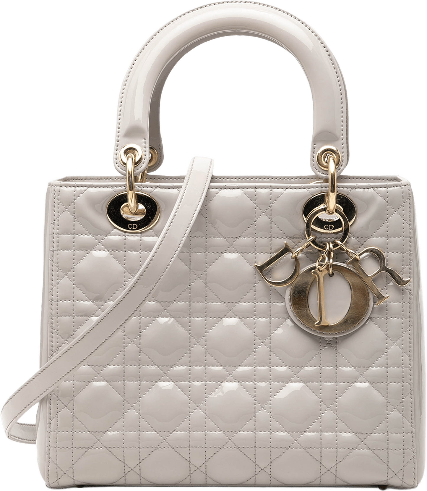 Dior Medium Patent Cannage Lady Dior, från Luxclusif, i färgen grå.