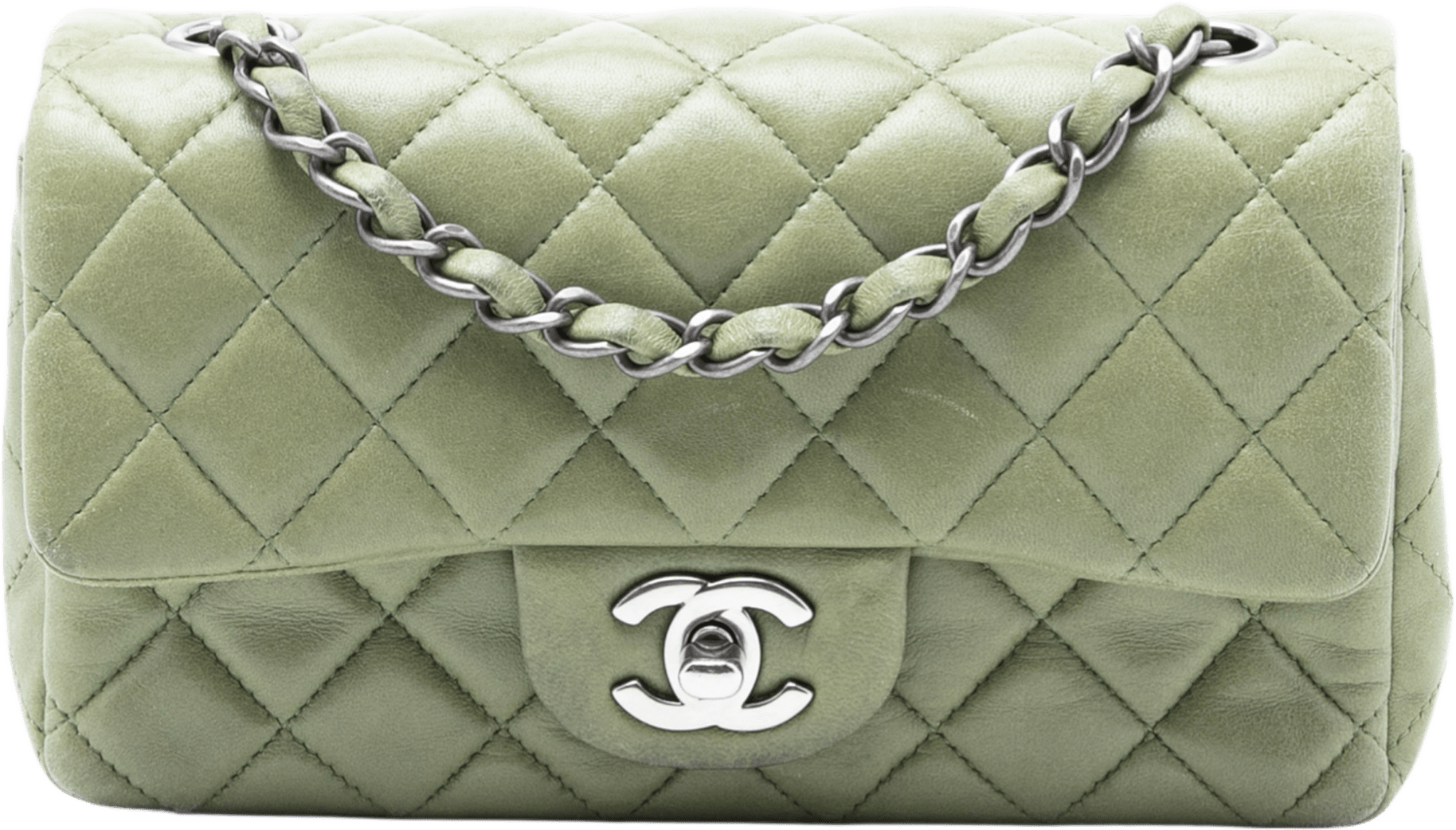Chanel Mini Rectangular Classic Lambskin Single Flap, från Luxclusif, i färgen olive green.