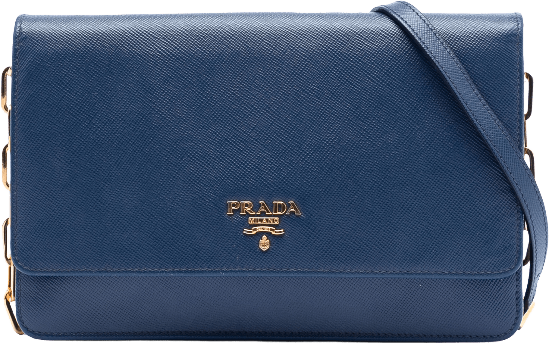 Prada Saffiano Wallet On Chain, från Luxclusif, i färgen blue.