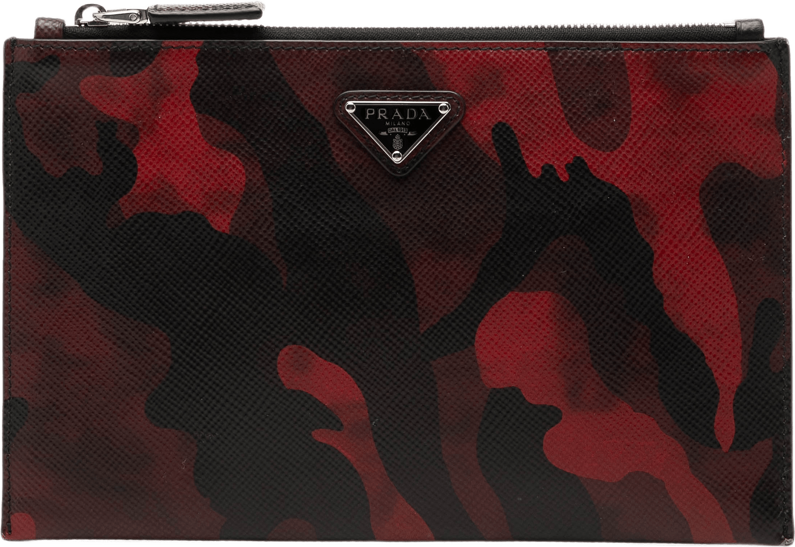 Prada Tessuto Camouflage Clutch, från Luxclusif, i färgen röd.