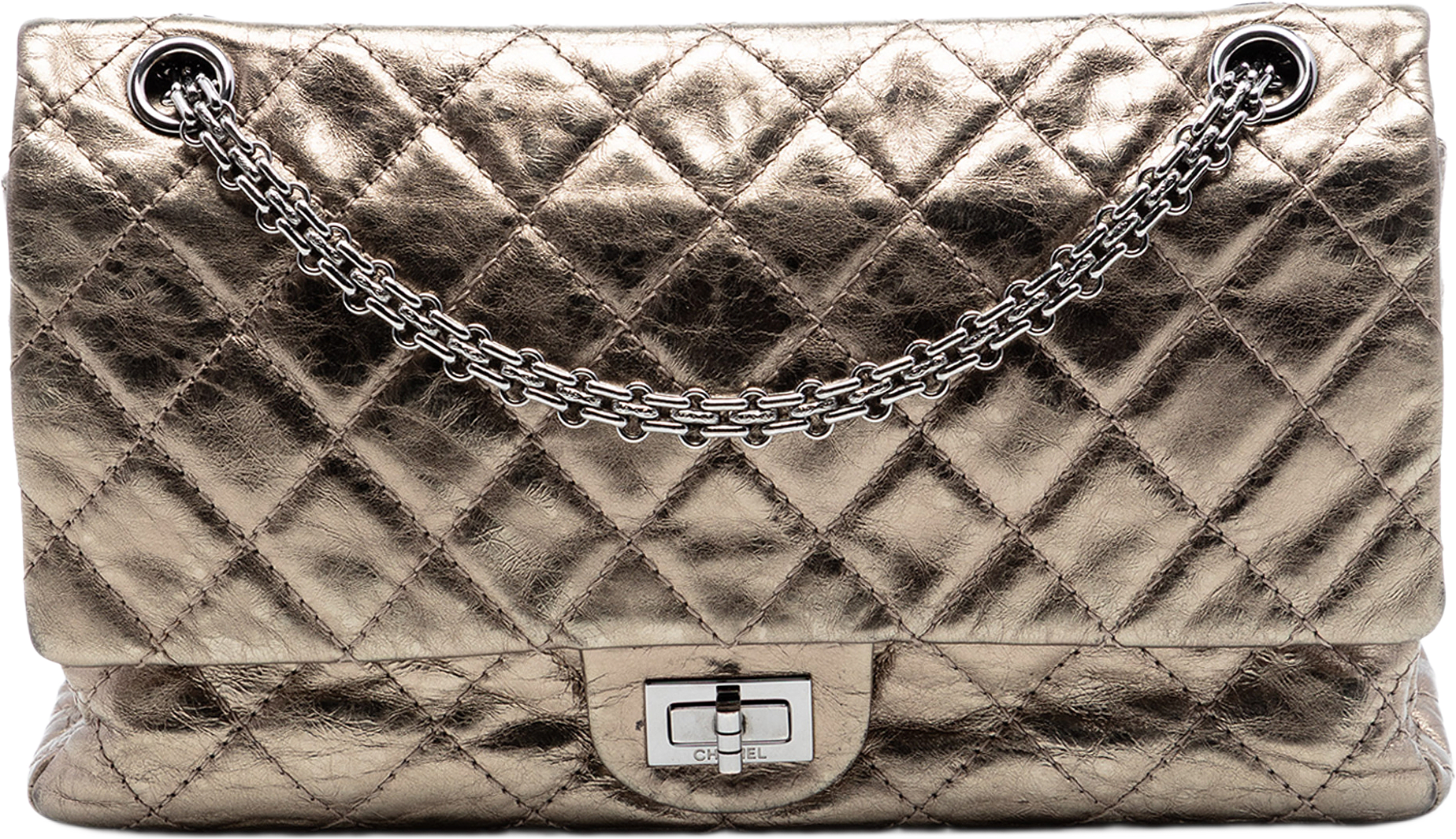 Chanel Quilted Metallic Aged Calfskin Reissue 2.55 Double Flap 226, från Luxclusif, i färgen gold.