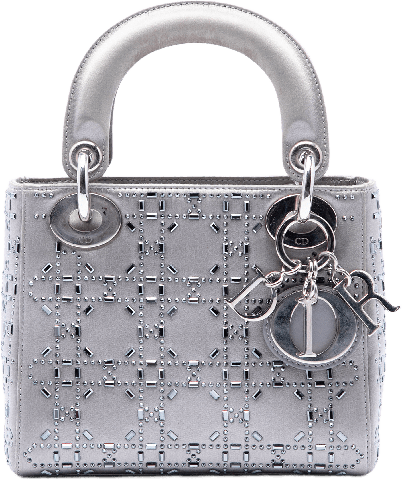 Dior Mini Satin Cannage Crystal Embellished Lady Dior, från Luxclusif, i färgen grå.