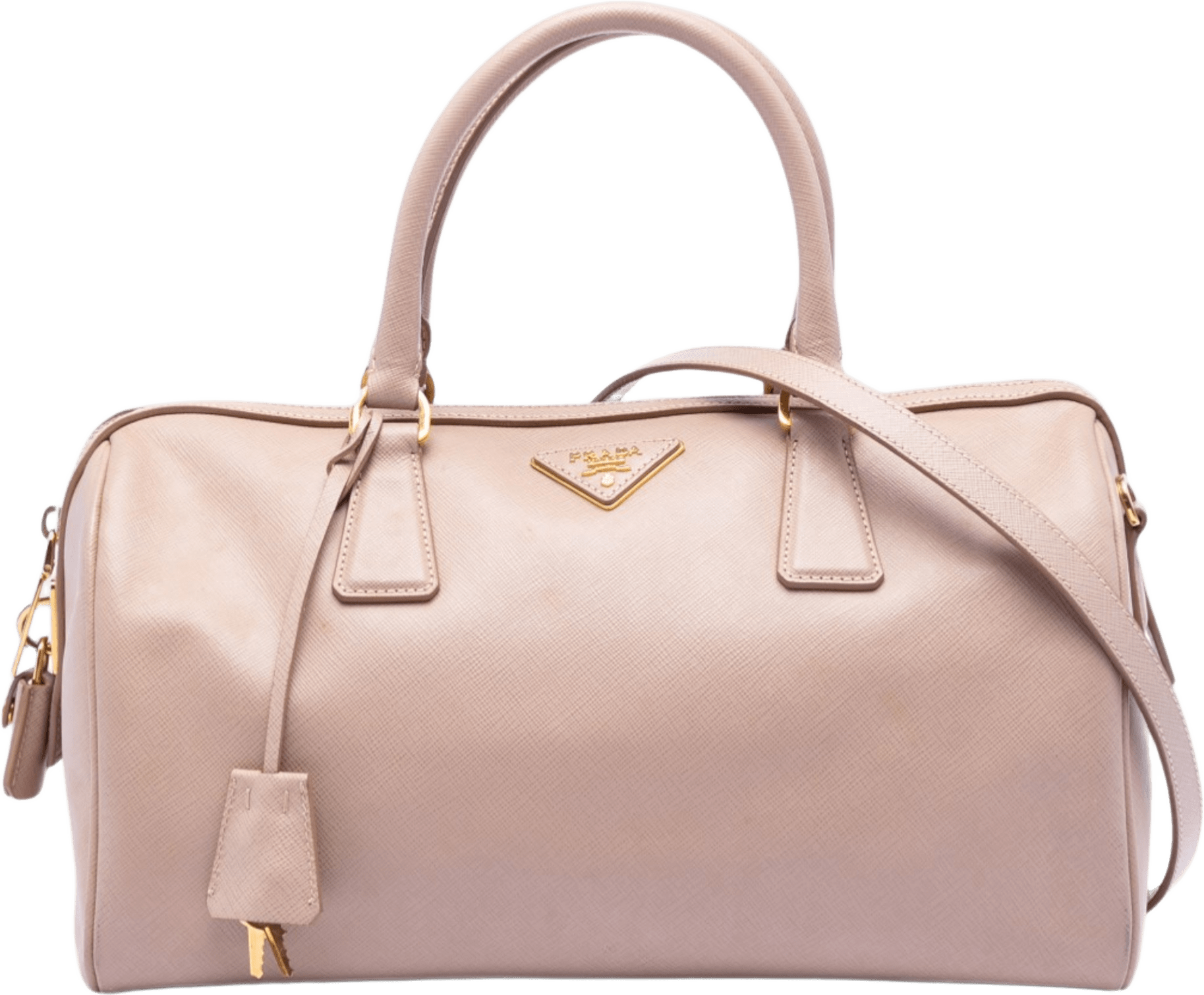 Prada Saffiano Lux Convertible Bowler Bag, från Luxclusif, i färgen light pink.