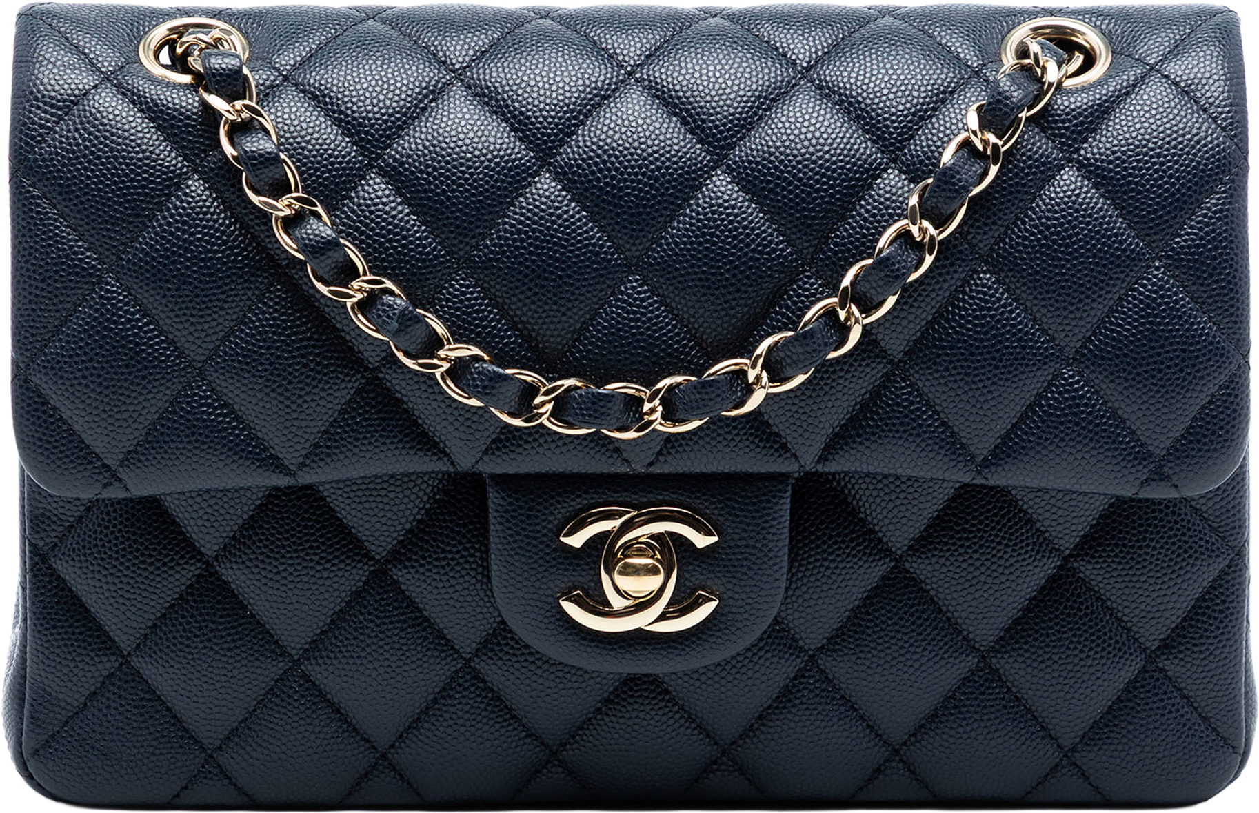 Chanel Small Classic Caviar Double Flap, från Luxclusif, i färgen navy.