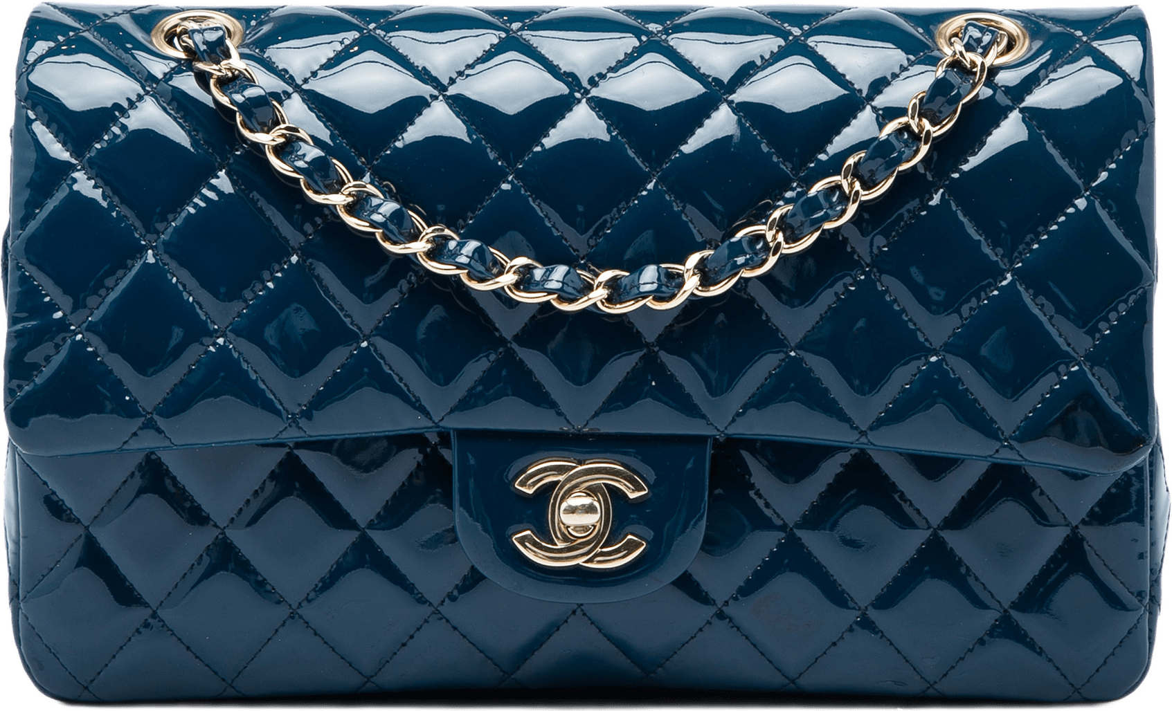 Chanel Medium Classic Patent Double Flap, från Luxclusif, i färgen blå.