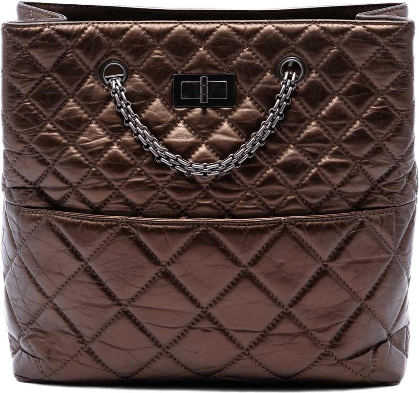 Chanel Quilted Metallic Aged Calfskin Reissue 2.55 Tote, från Luxclusif, i färgen brun.