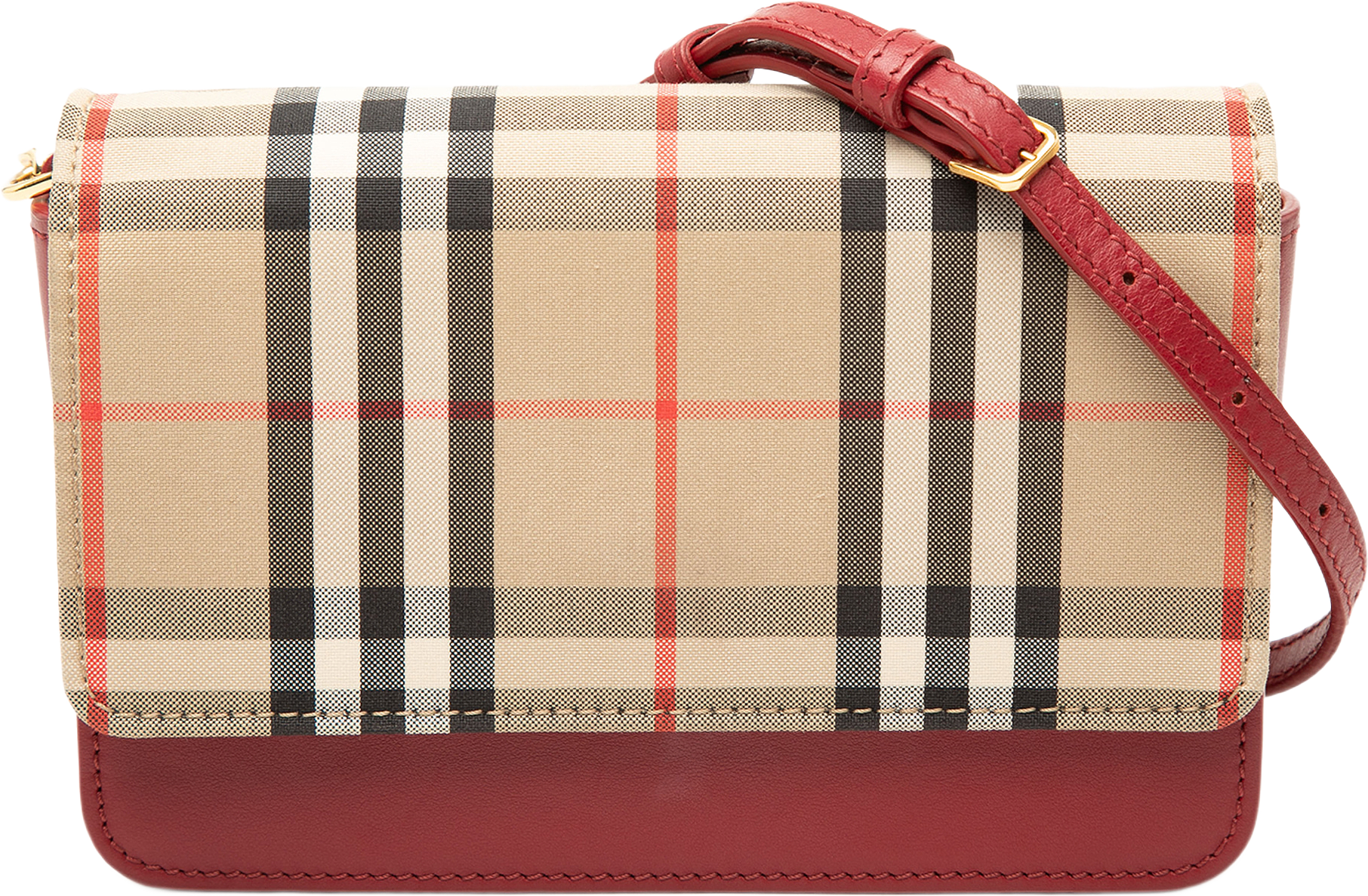 Burberry House Check Trimmed Leather Flap Crossbody, från Luxclusif, i färgen röd.