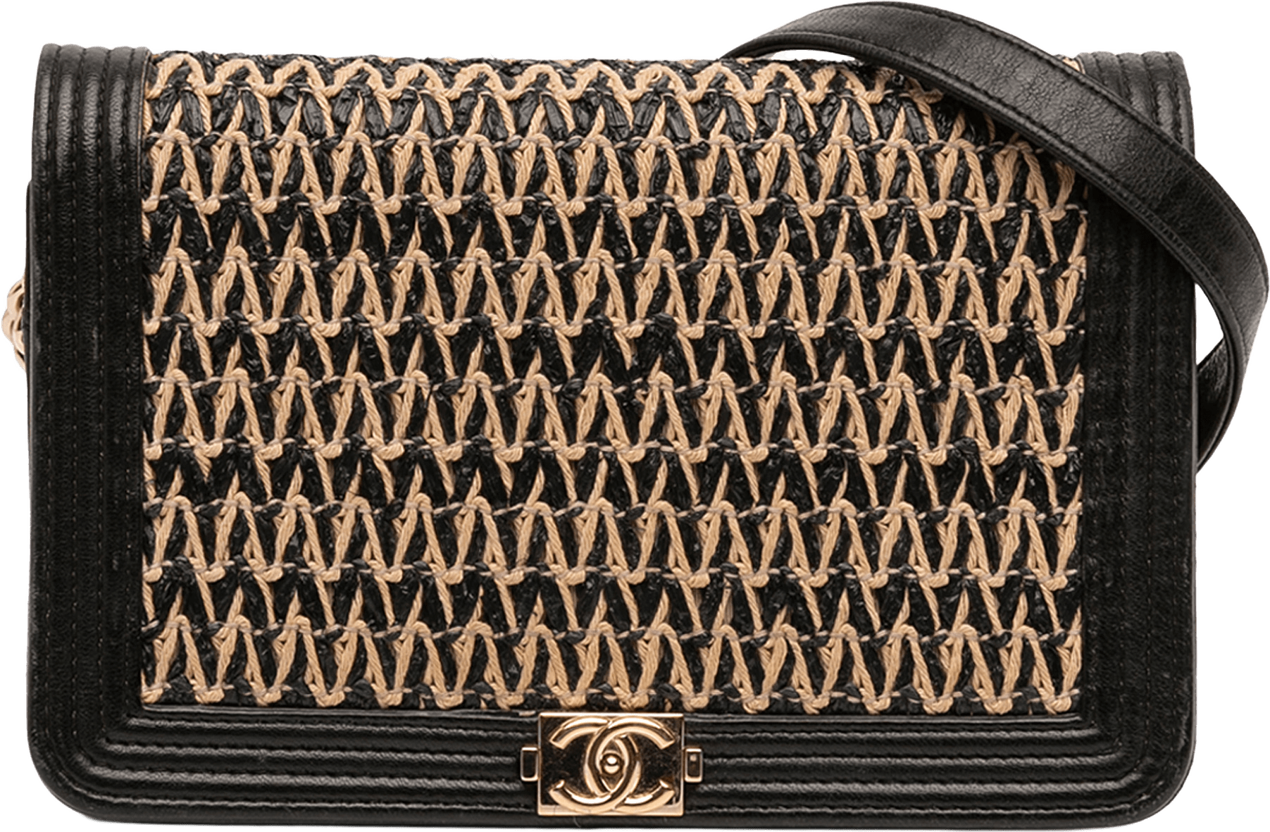 Chanel Lambskin And Woven Raffia Boy Wallet On Chain, från Luxclusif, i färgen black.