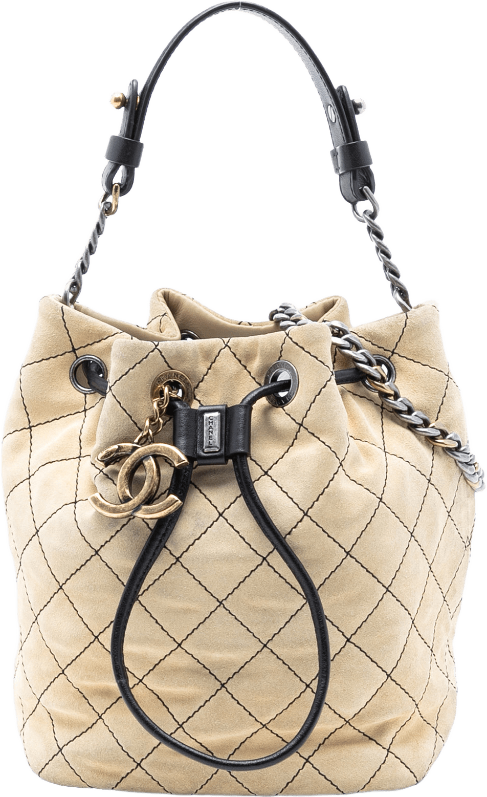 Chanel Cc Suede Wild Stitch Bucket Bag, från Luxclusif, i färgen beige.