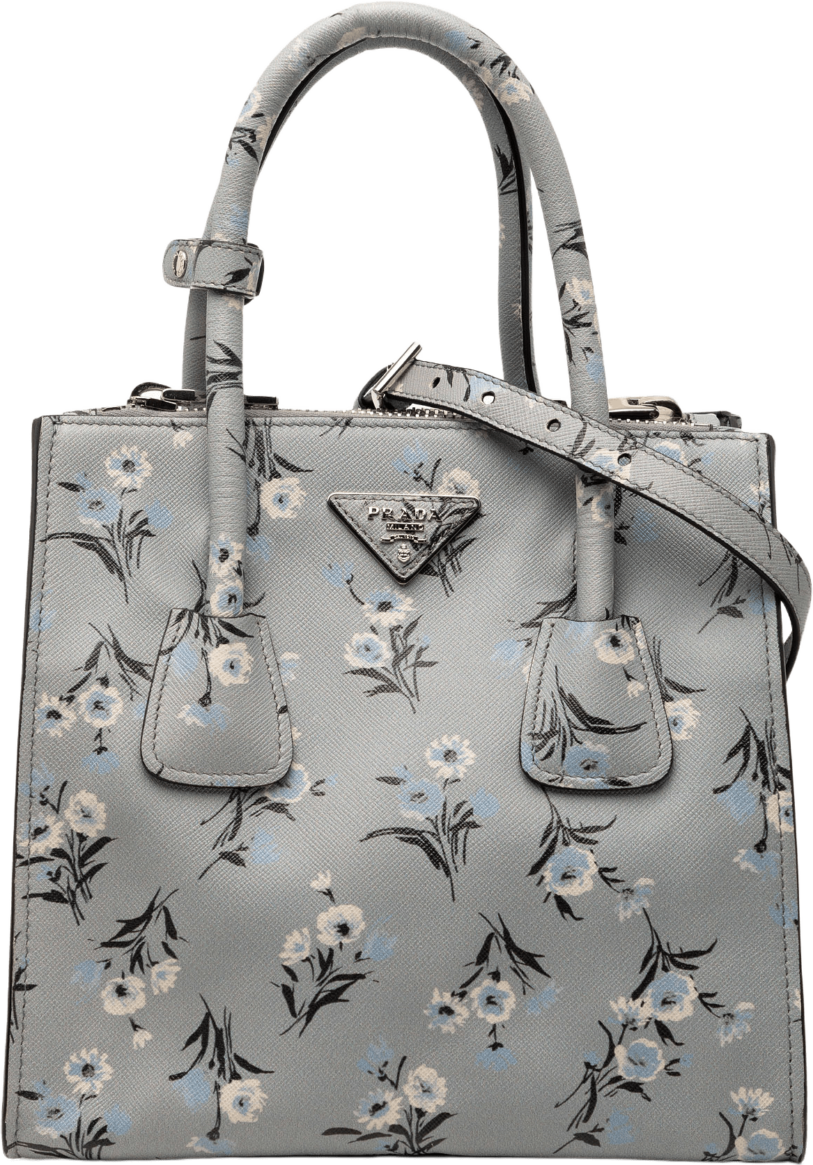 Prada Saffiano Floral Print Twin Pocket Satchel, från Luxclusif, i färgen gray.
