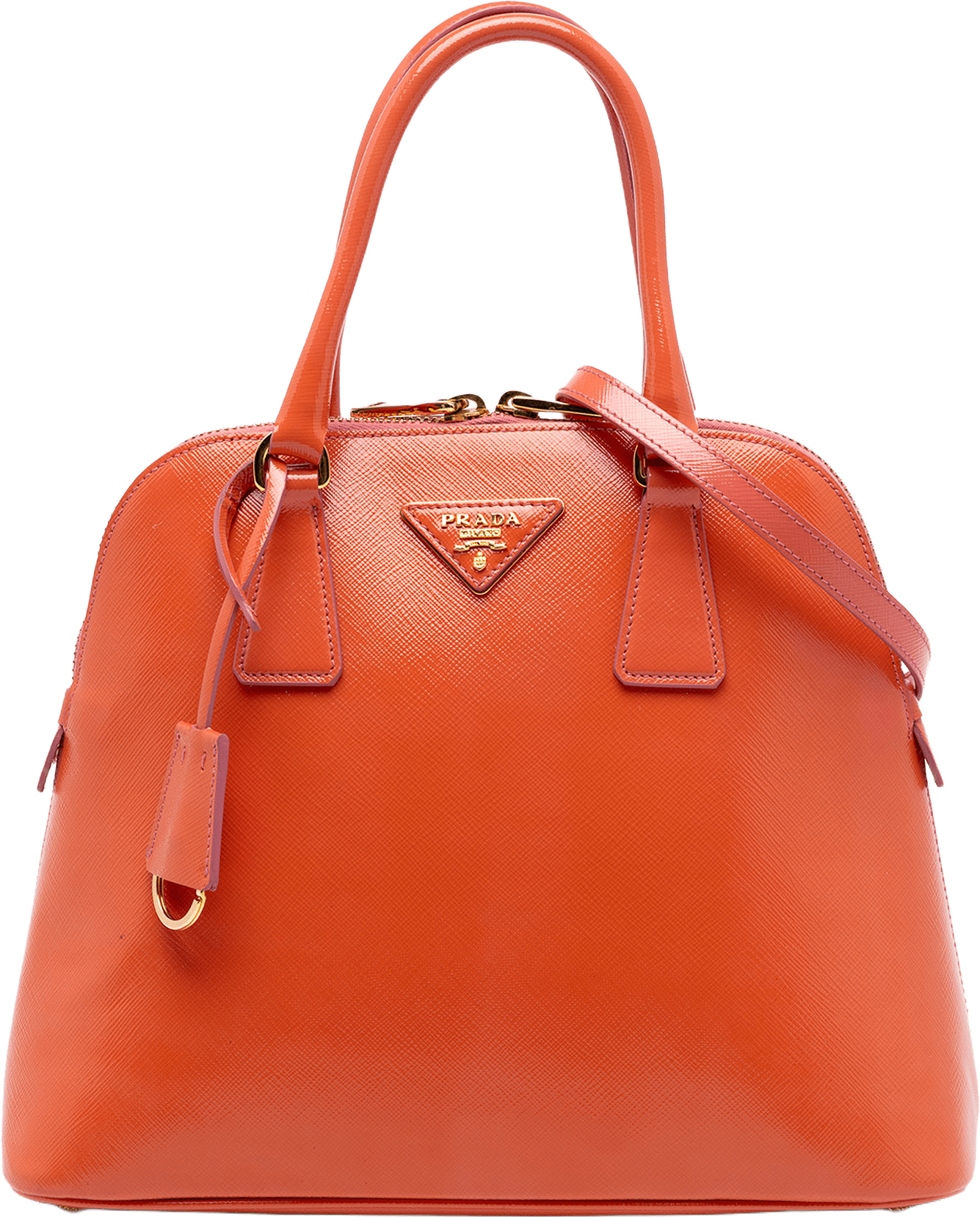 Prada Saffiano Vernice Dome Satchel, från Luxclusif, i färgen orange.
