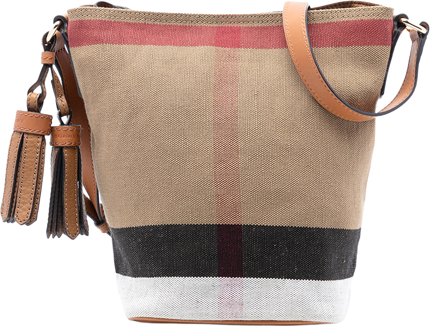 Burberry Mini Mega Check Canvas Ashby Tassel Bucket Bag, från Luxclusif, i färgen light brown.