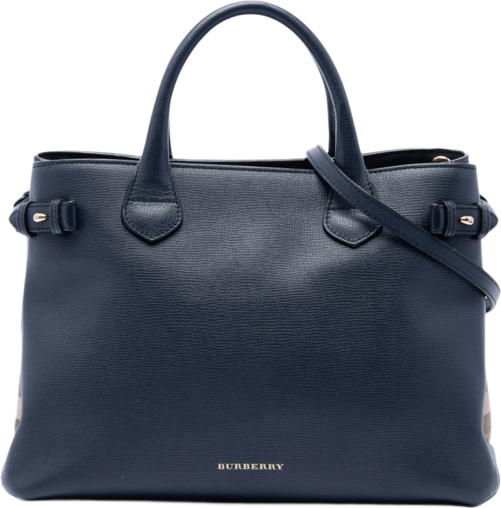 Burberry Medium Leather And House Check Banner Satchel, från Luxclusif, i färgen navy.