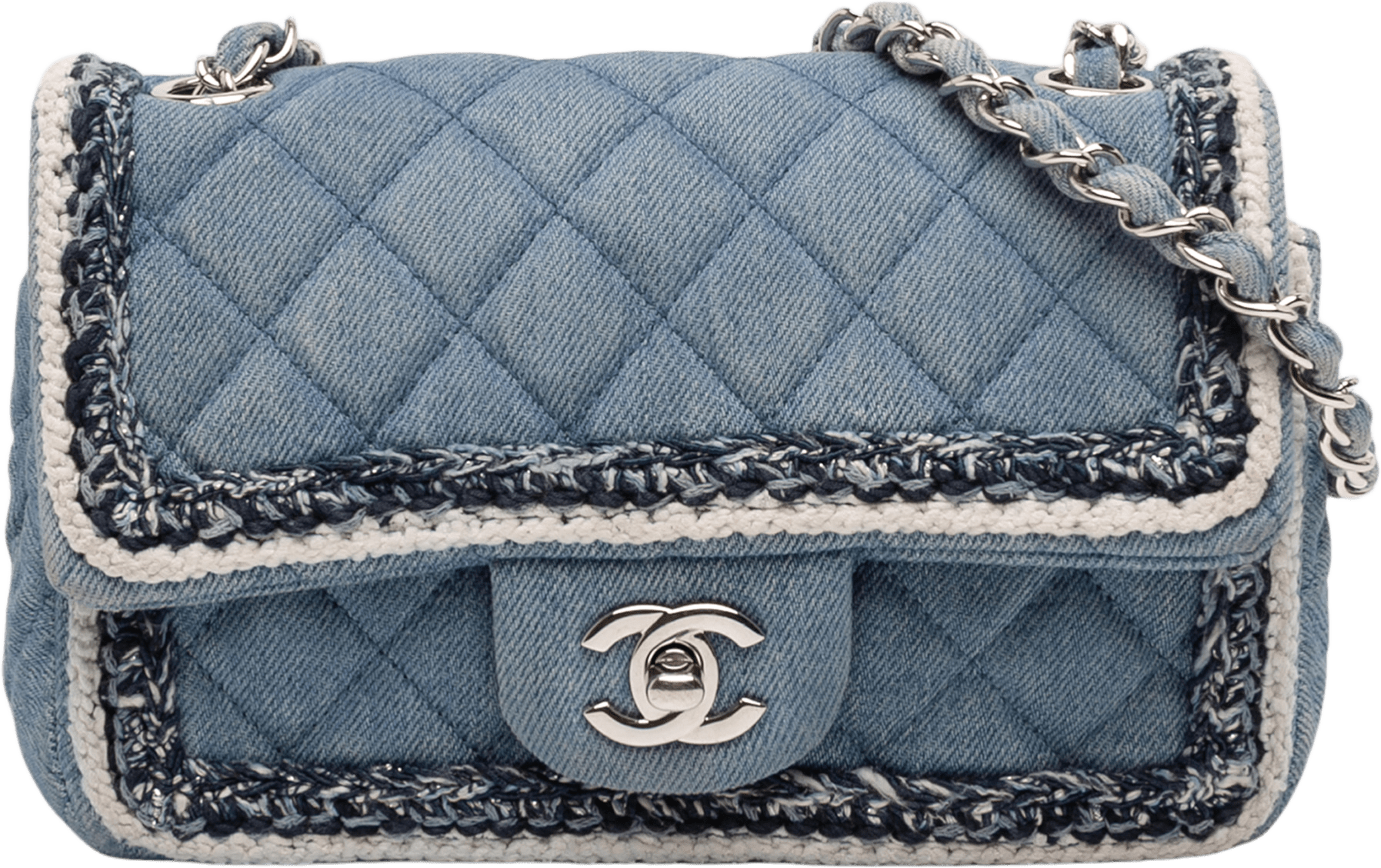 Chanel Mini Rectangular Classic Denim Braided Single Flap, från Luxclusif, i färgen denim.