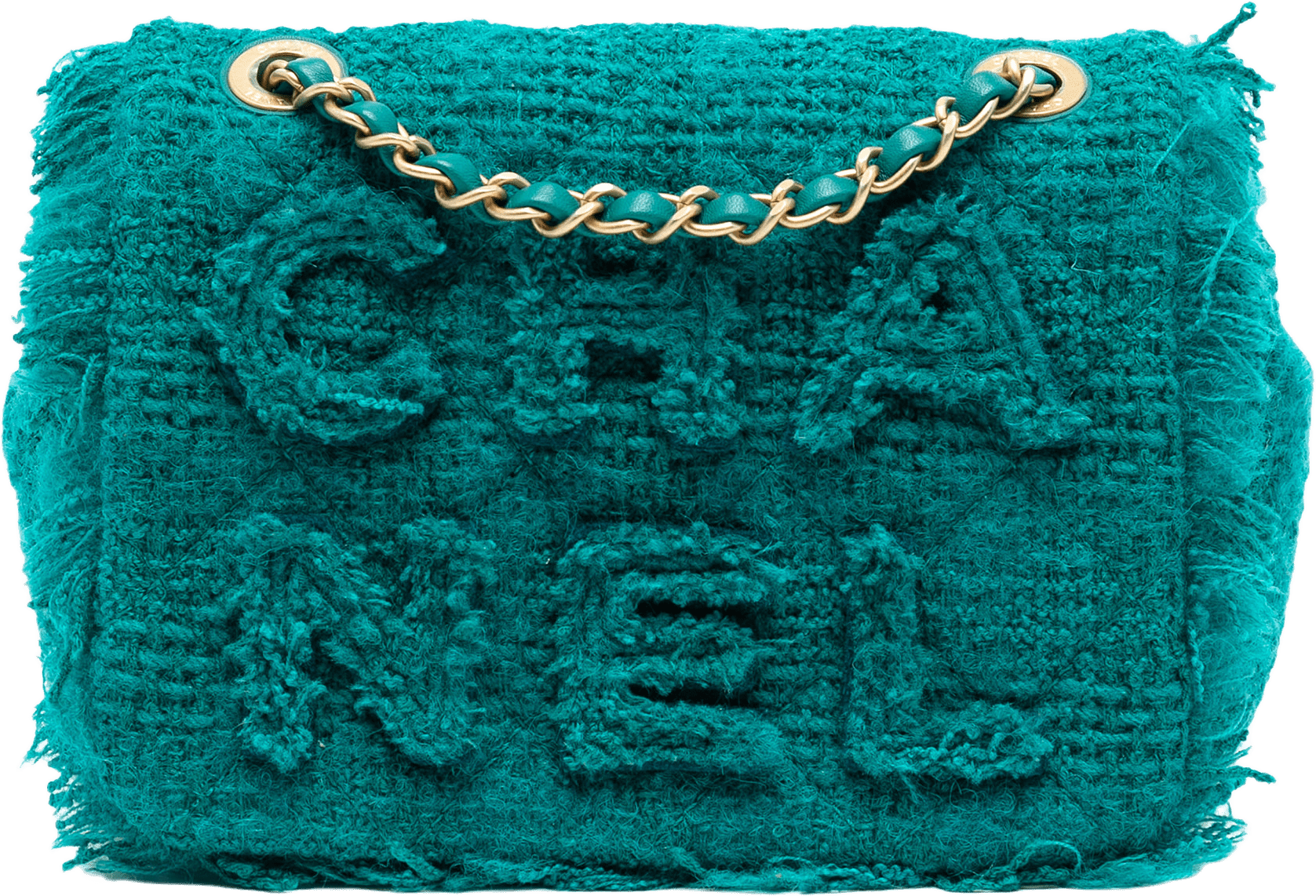 Chanel Small Wool Tweed Giant Logo Flap, från Luxclusif, i färgen peacock.