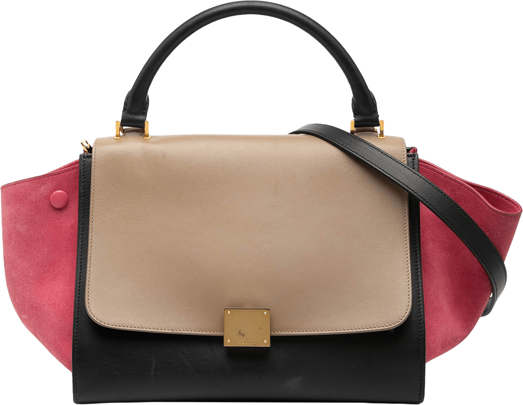 Celine Small Tricolor Calfskin And Suede Trapeze Satchel, från Luxclusif, i färgen black.