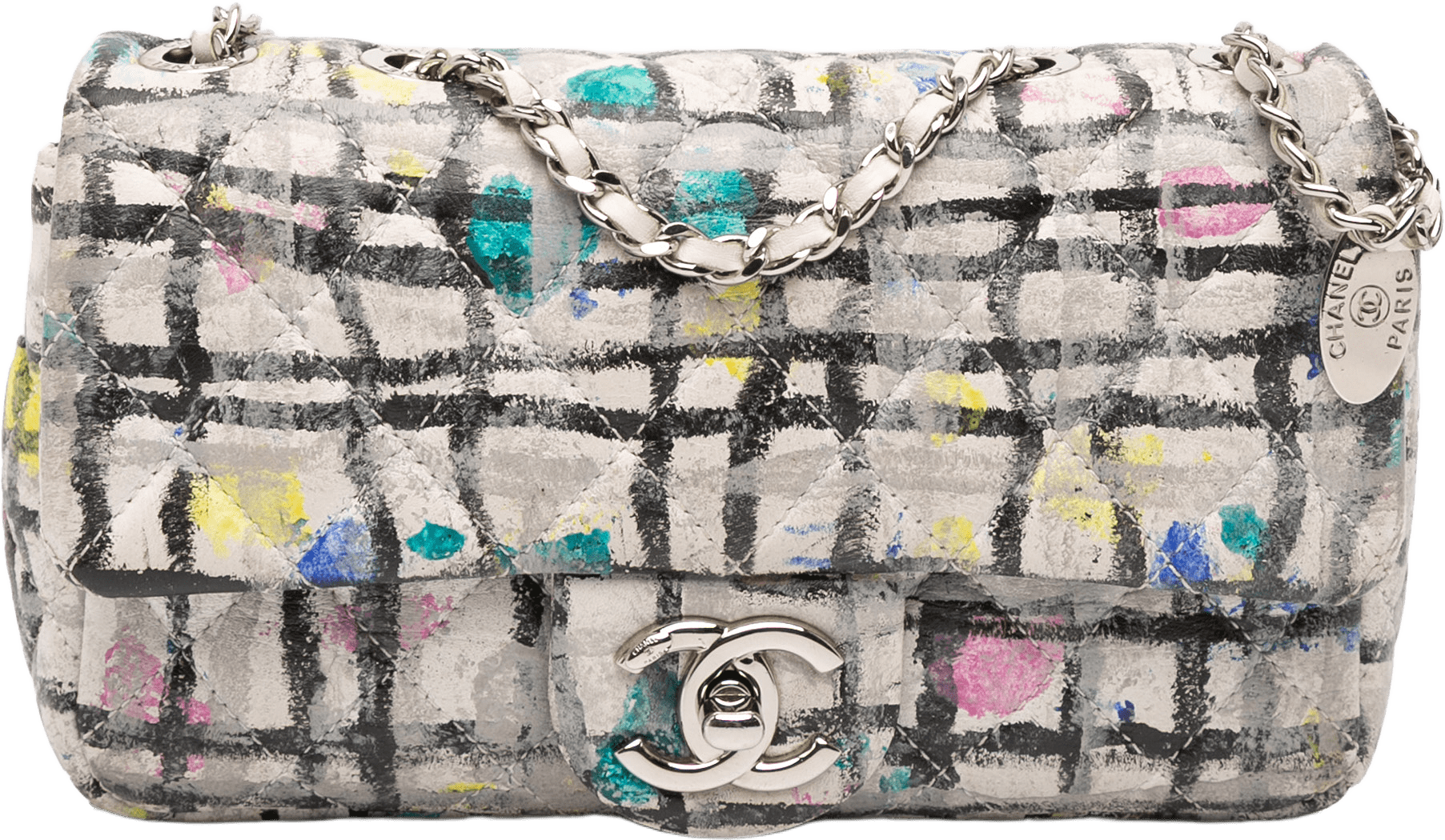 Chanel Mini Rectangular Calfskin Hand Painted Graffiti Flap, från Luxclusif, i färgen white.