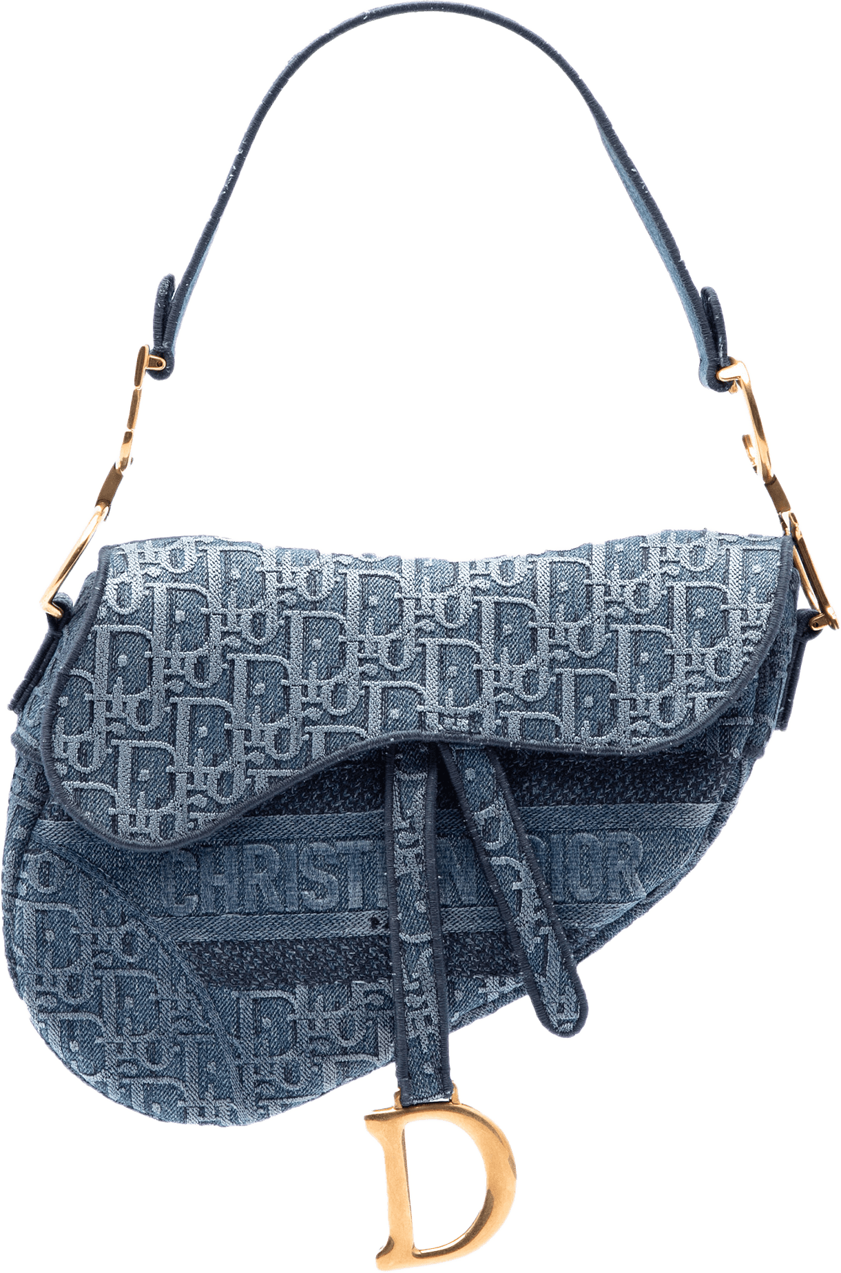Dior Oblique Embroidered Denim Saddle Bag, från Luxclusif, i färgen blå.