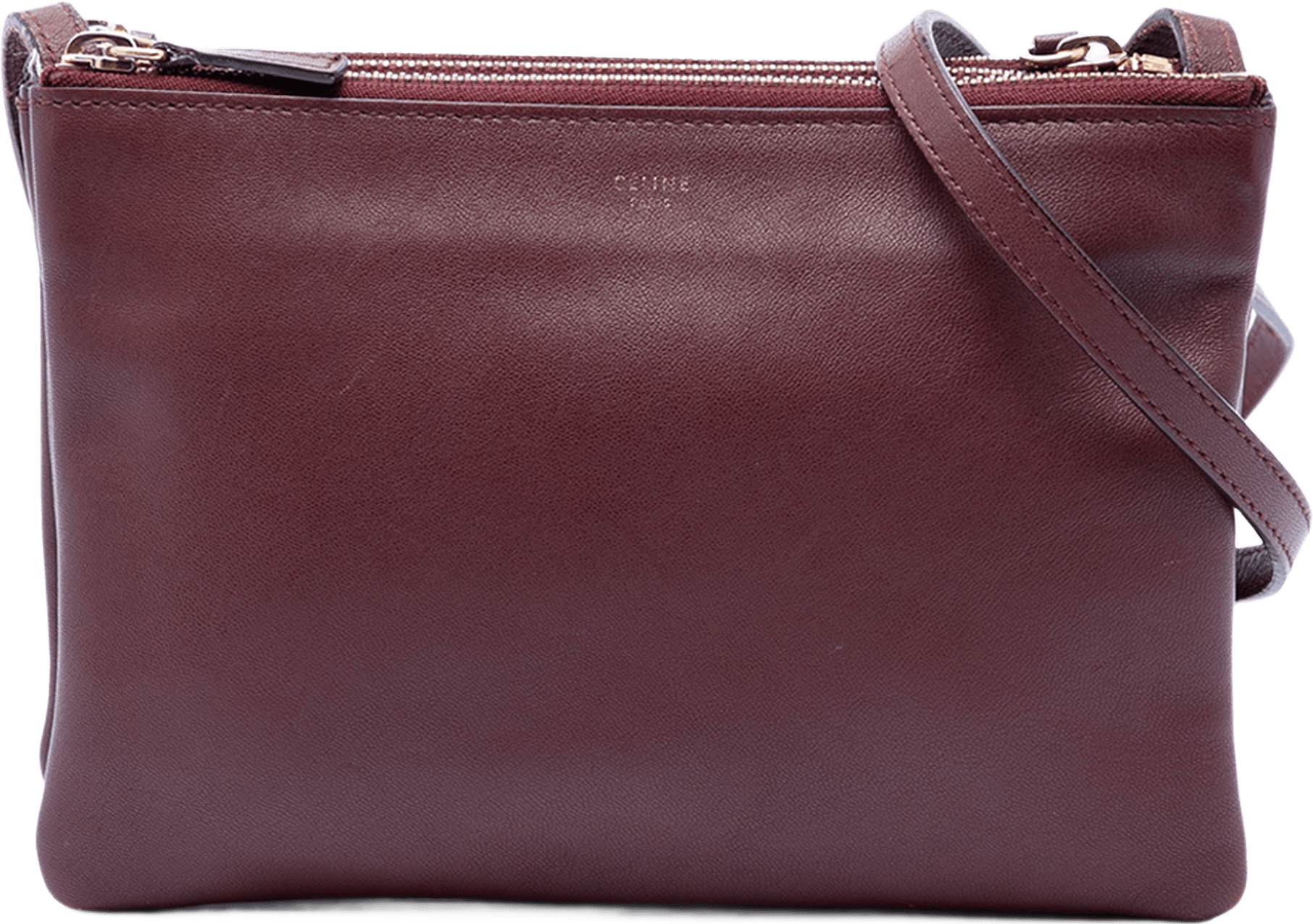 Celine Small Lambskin Trio Crossbody, från Luxclusif, i färgen burgundy.