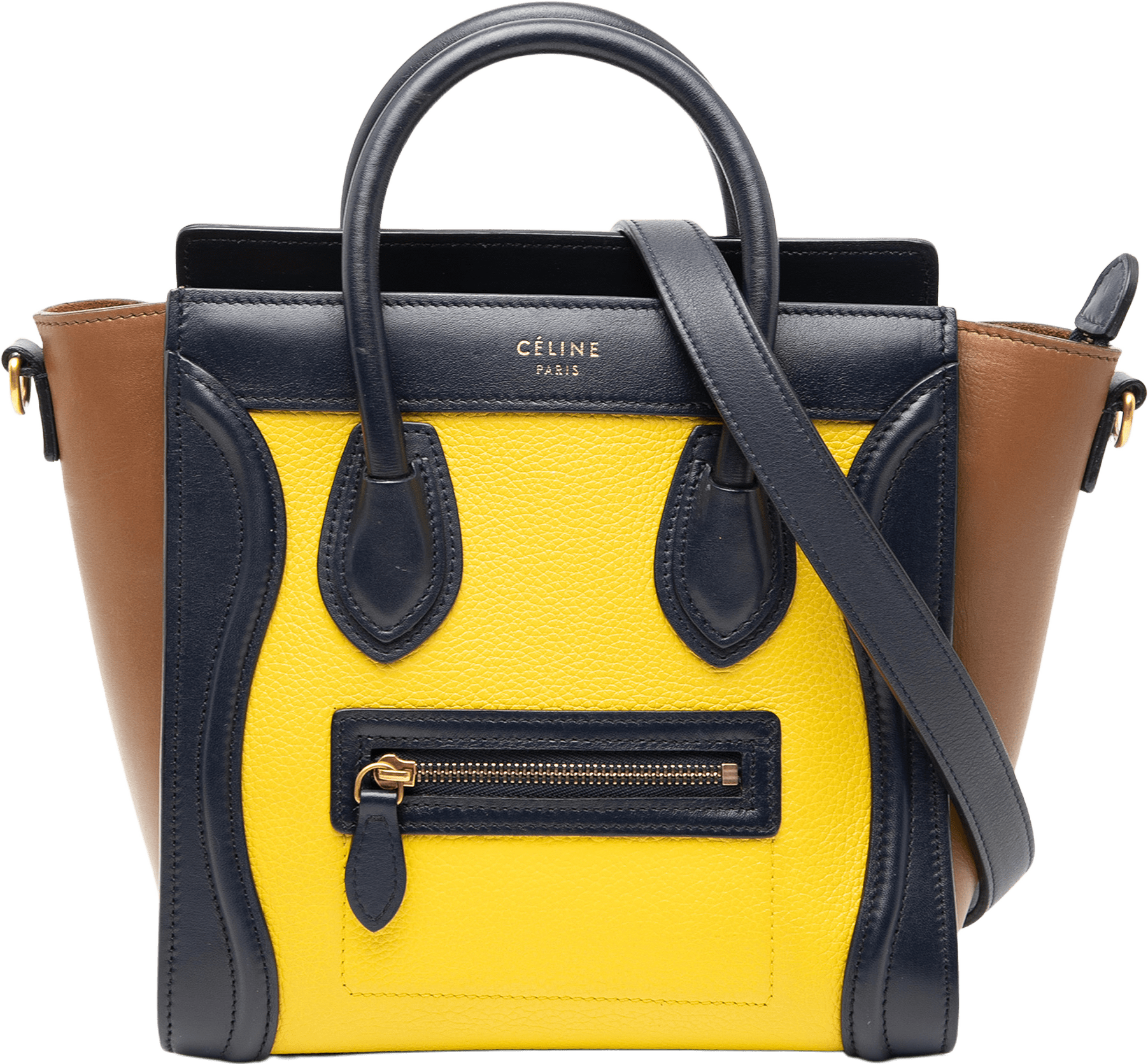 Celine Nano Tricolor Leather Luggage Tote, från Luxclusif, i färgen yellow.