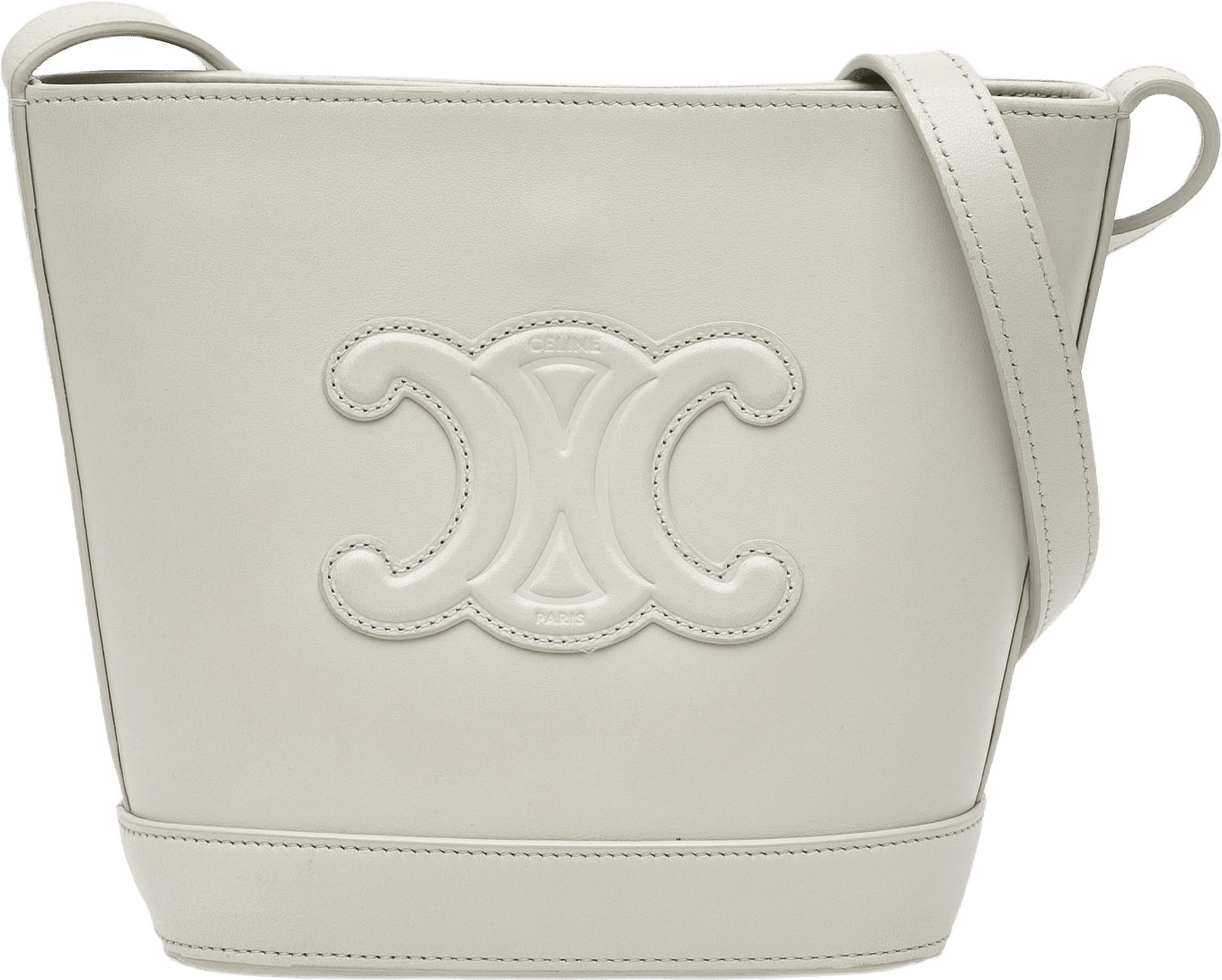 Celine Small Smooth Calfskin Cuir Triomphe Bucket Bag, från Luxclusif, i färgen light gray.