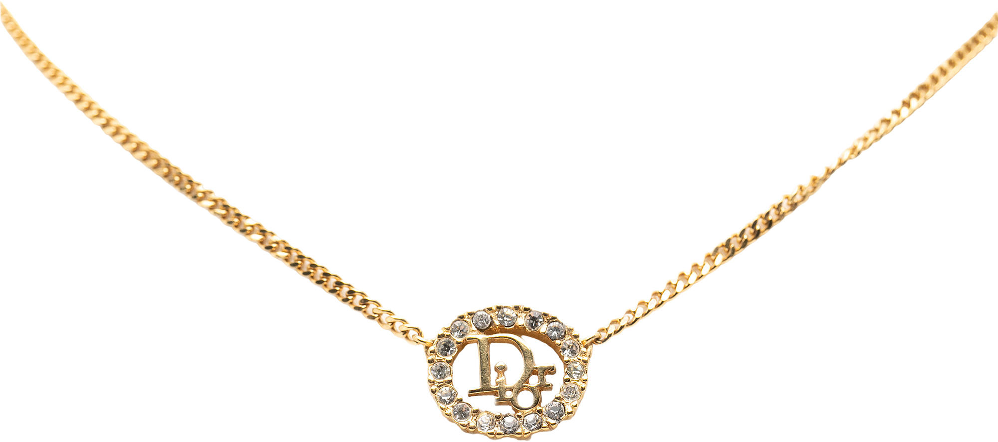 Dior Gold Plated Rhinestone Logo Pendant Necklace, från Luxclusif, i färgen gold.