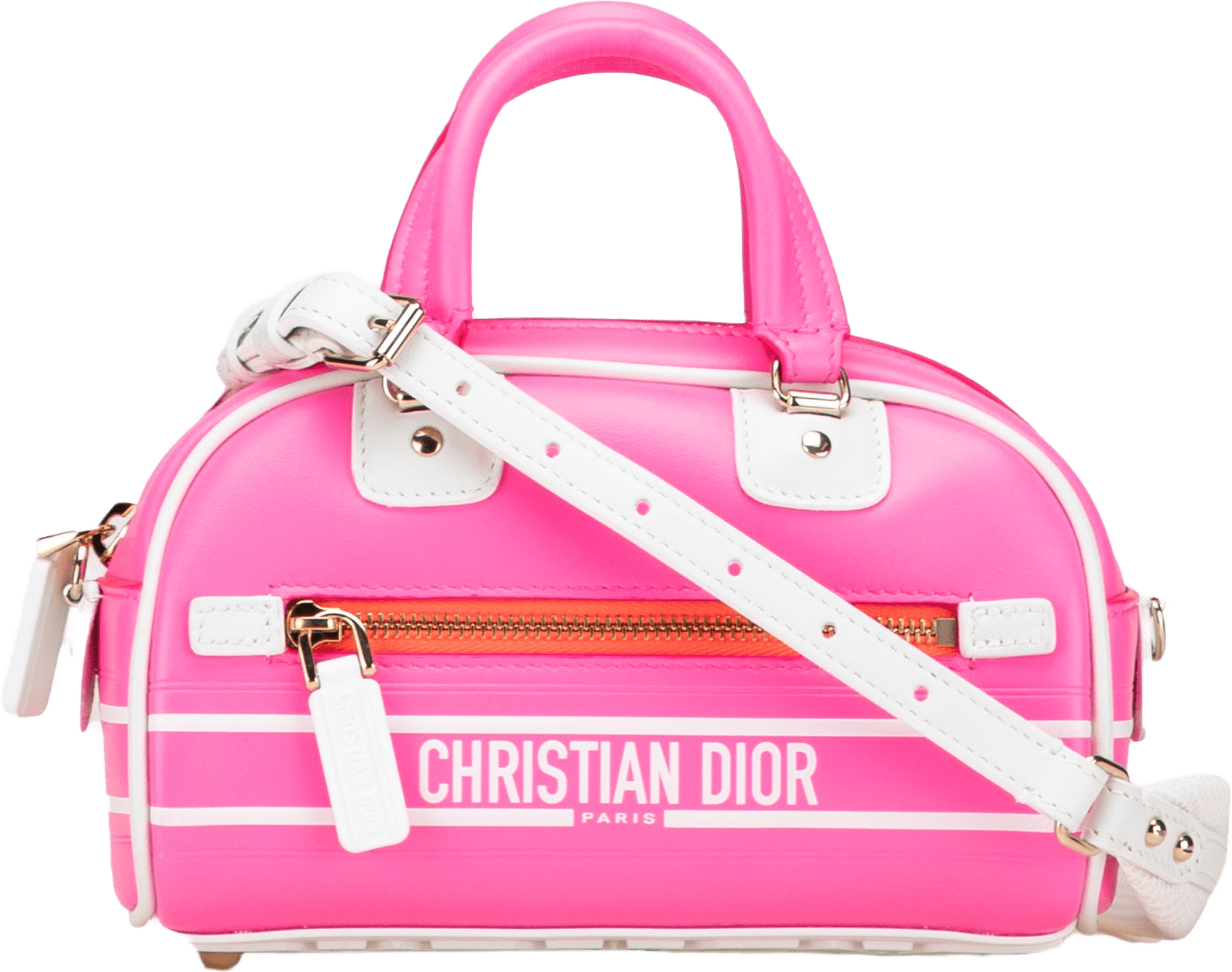 Dior Micro Leather Dior Vibe Zip Bowling Bag, från Luxclusif, i färgen hot pink.