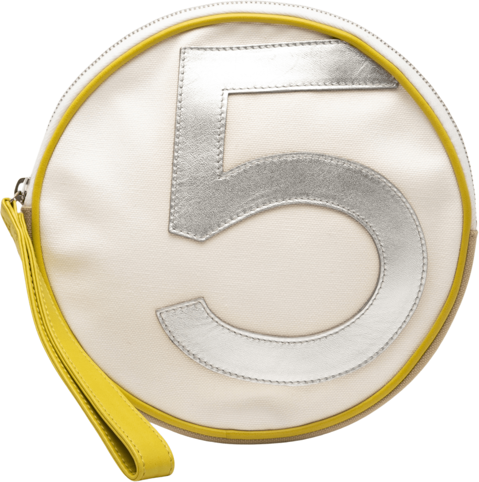 Chanel Cc Canvas And Metallic Calfskin No. 5 Wristlet Pouch, från Luxclusif, i färgen beige.