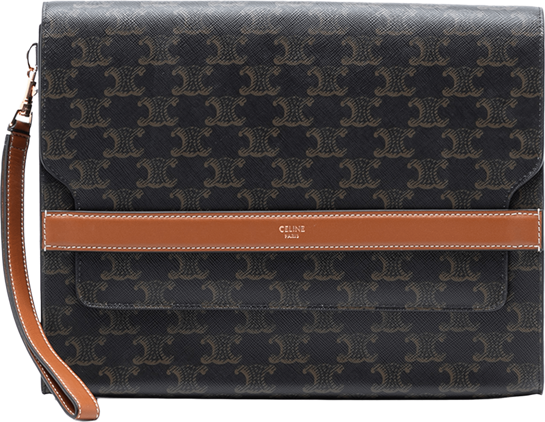 Celine Triomphe Coated Canvas Wristlet Flap Pouch, från Luxclusif, i färgen dark brown.