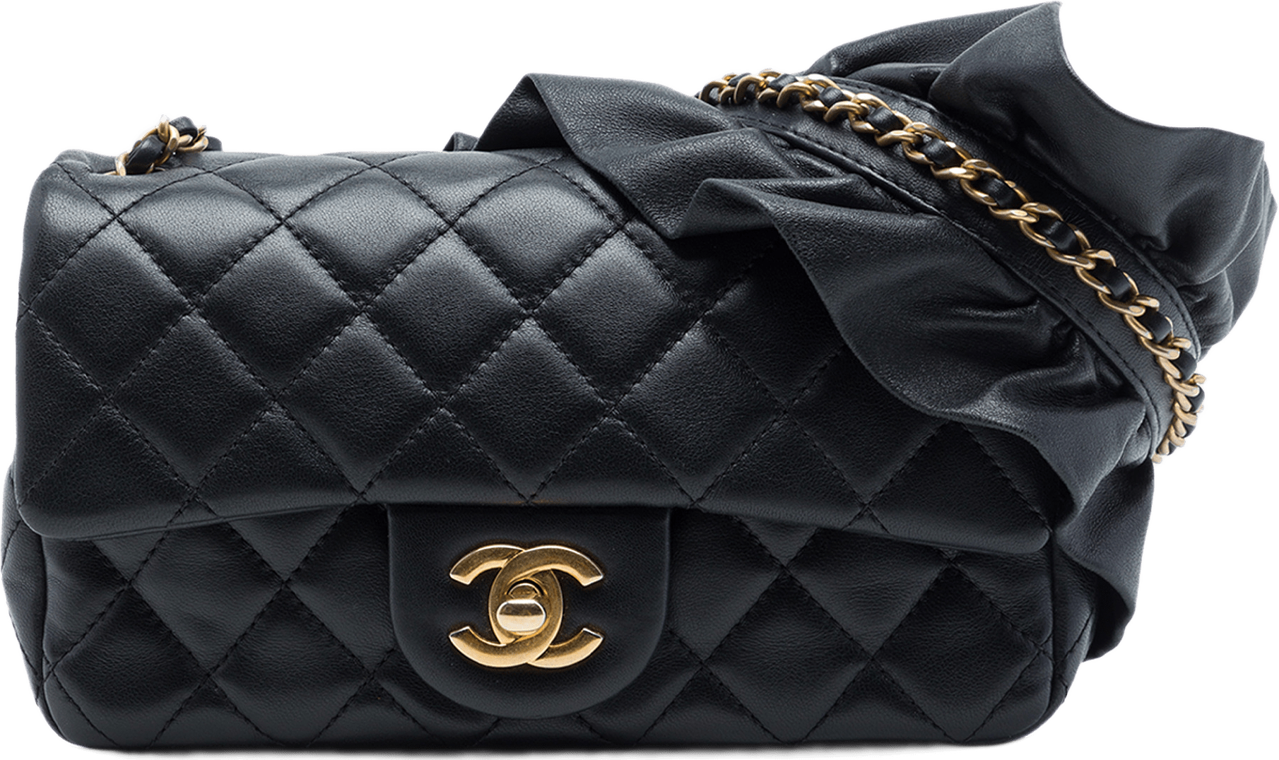 Chanel Mini Rectangular Classic Lambskin Romance Single Flap, från Luxclusif, i färgen svart.
