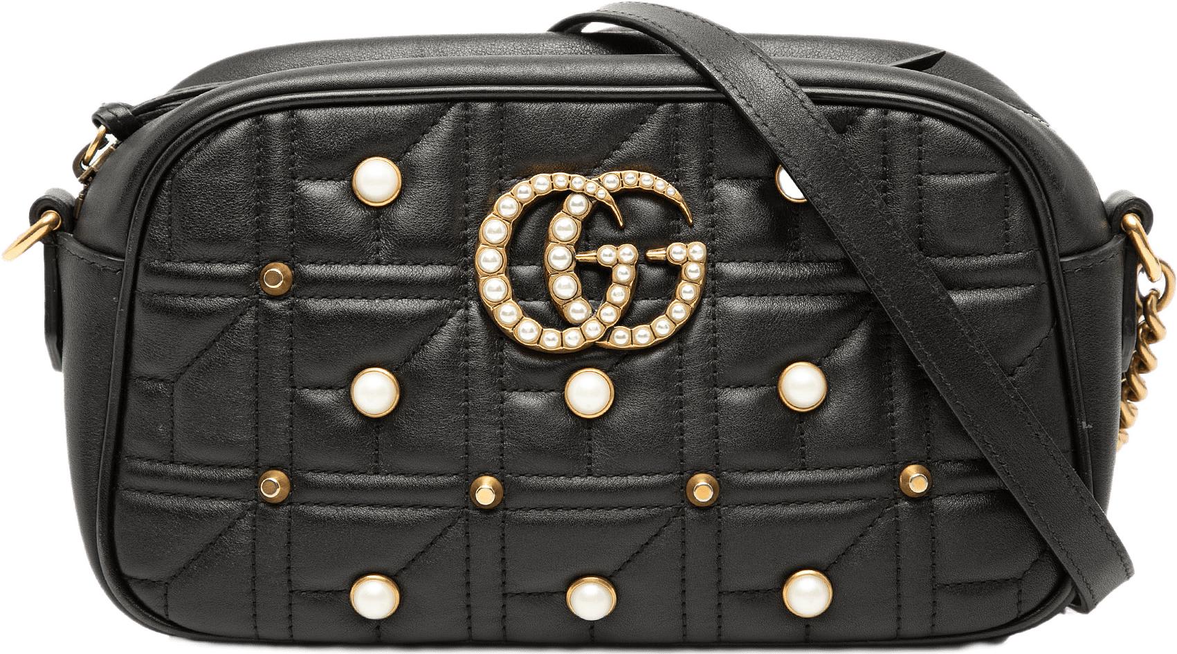 Gucci Small Gg Marmont Matelasse Leather Pearl Studded Crossbody, från Luxclusif, i färgen black.
