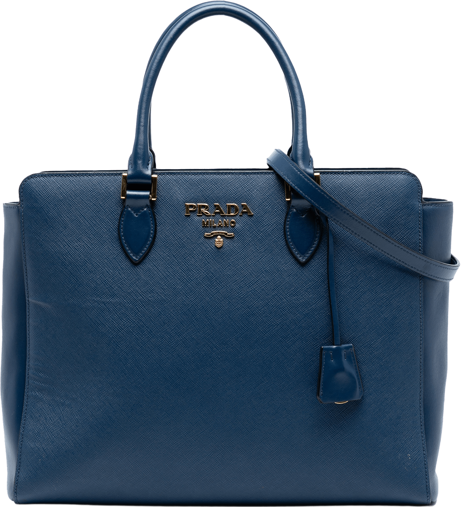 Prada Soft Calf Trimmed Saffiano Zippered Convertible Tote, från Luxclusif, i färgen blue.