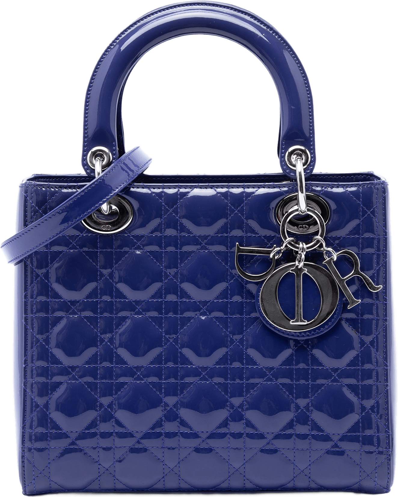 Dior Medium Patent Cannage Lady Dior, från Luxclusif, i färgen blå.