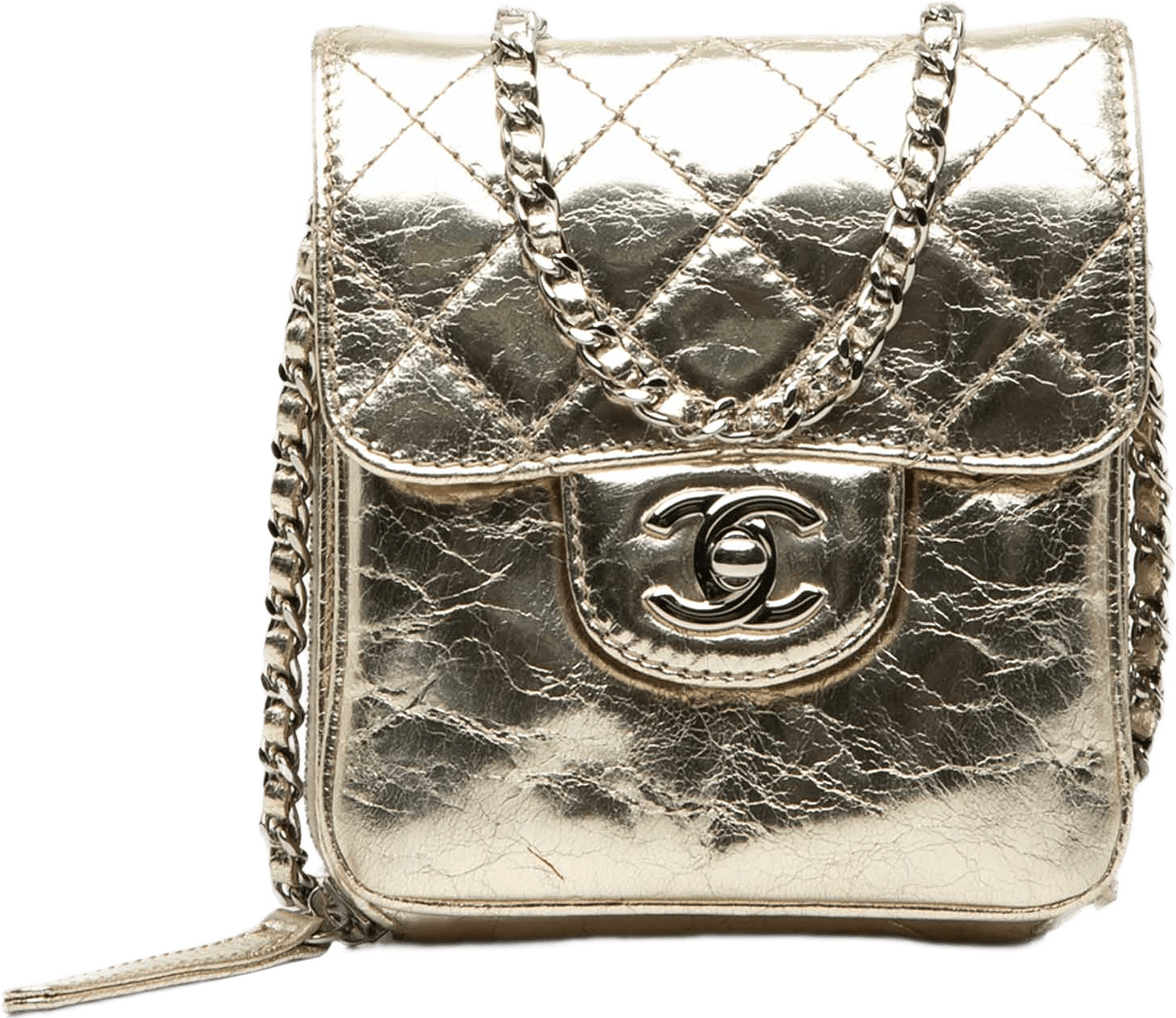 Chanel Quilted Metallic Aged Calfskin Clams Wallet On Chain, från Luxclusif, i färgen light gold.
